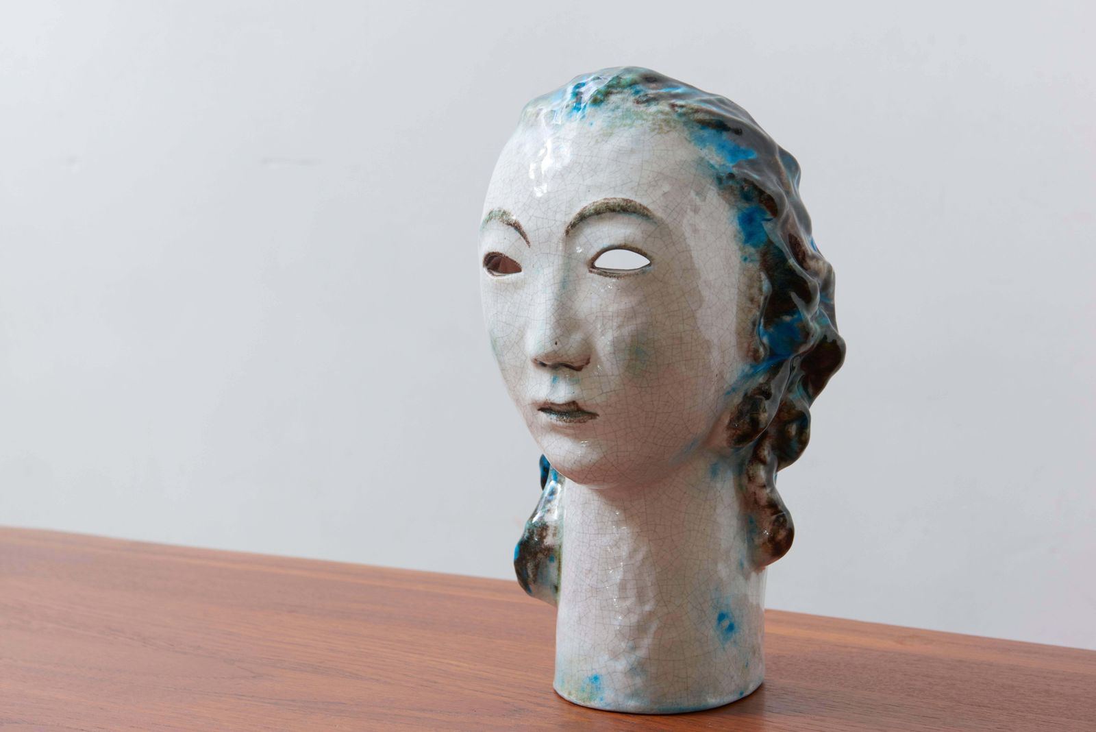 Unique Ceramic Portret Buste, Girl With Blue Hair By Erwin Spuler 1930s, Germany photo for sale