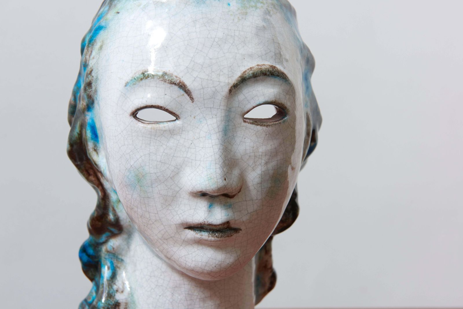 Unique Ceramic Portret Buste, Girl With Blue Hair By Erwin Spuler 1930s, Germany photo Art
