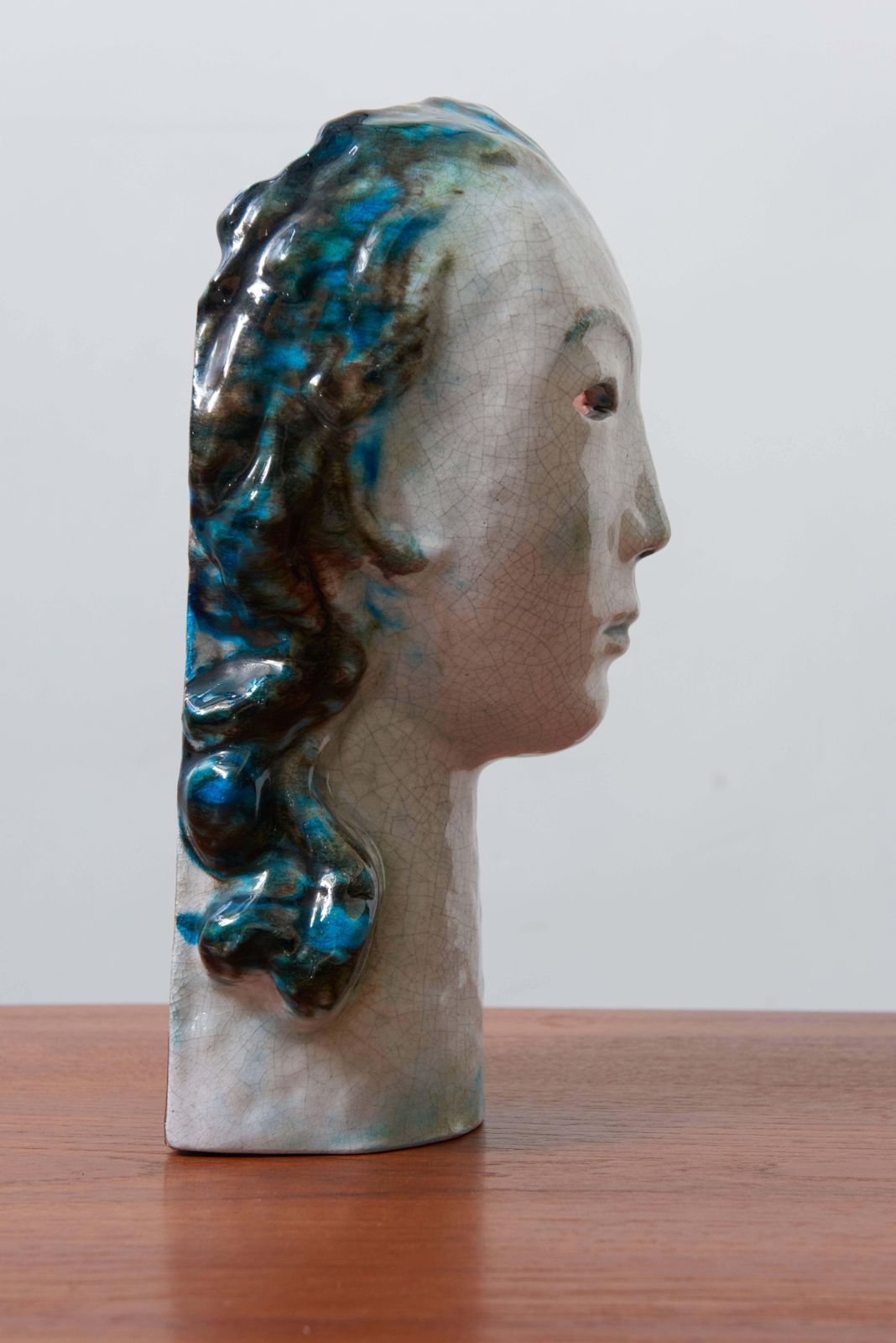 Unique Ceramic Portret Buste, Girl With Blue Hair By Erwin Spuler 1930s, Germany photo vinterior