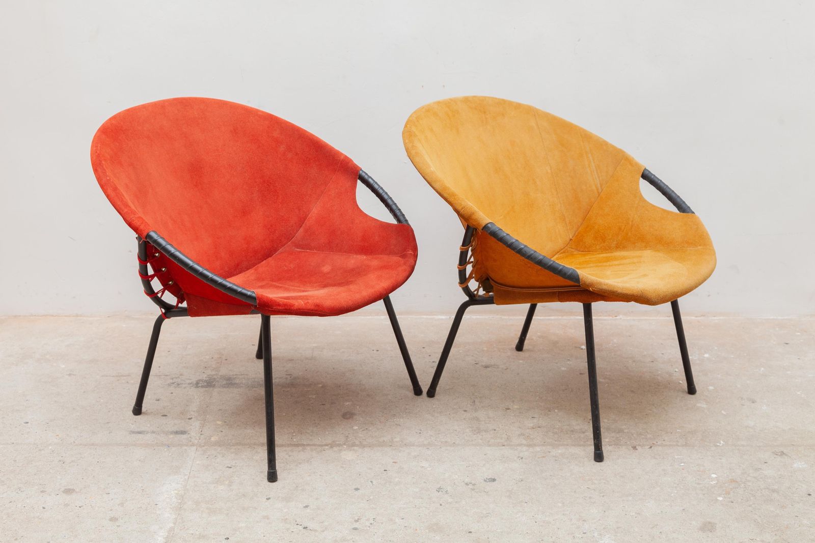 Pair Of Yellow And Red Natural Suede Leather Lounge Fifties Chairs By Hans Olsen photo for sale
