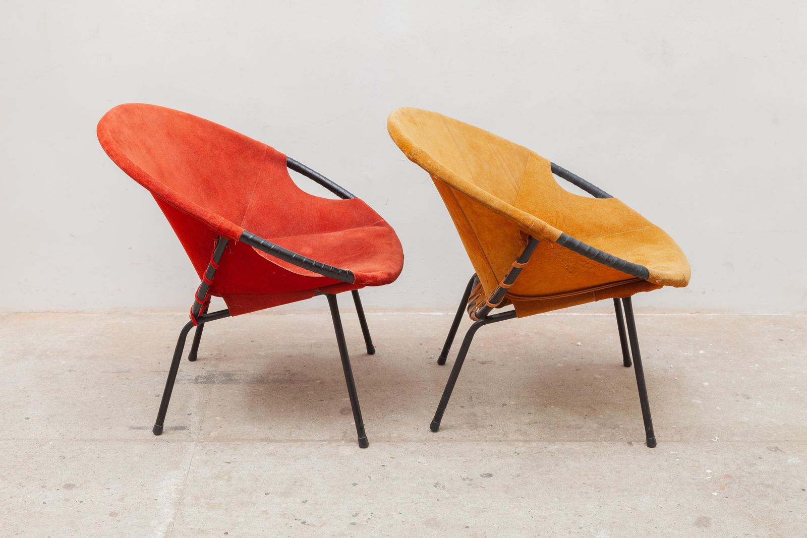 Pair Of Yellow And Red Natural Suede Leather Lounge Fifties Chairs By Hans Olsen photo Furniture