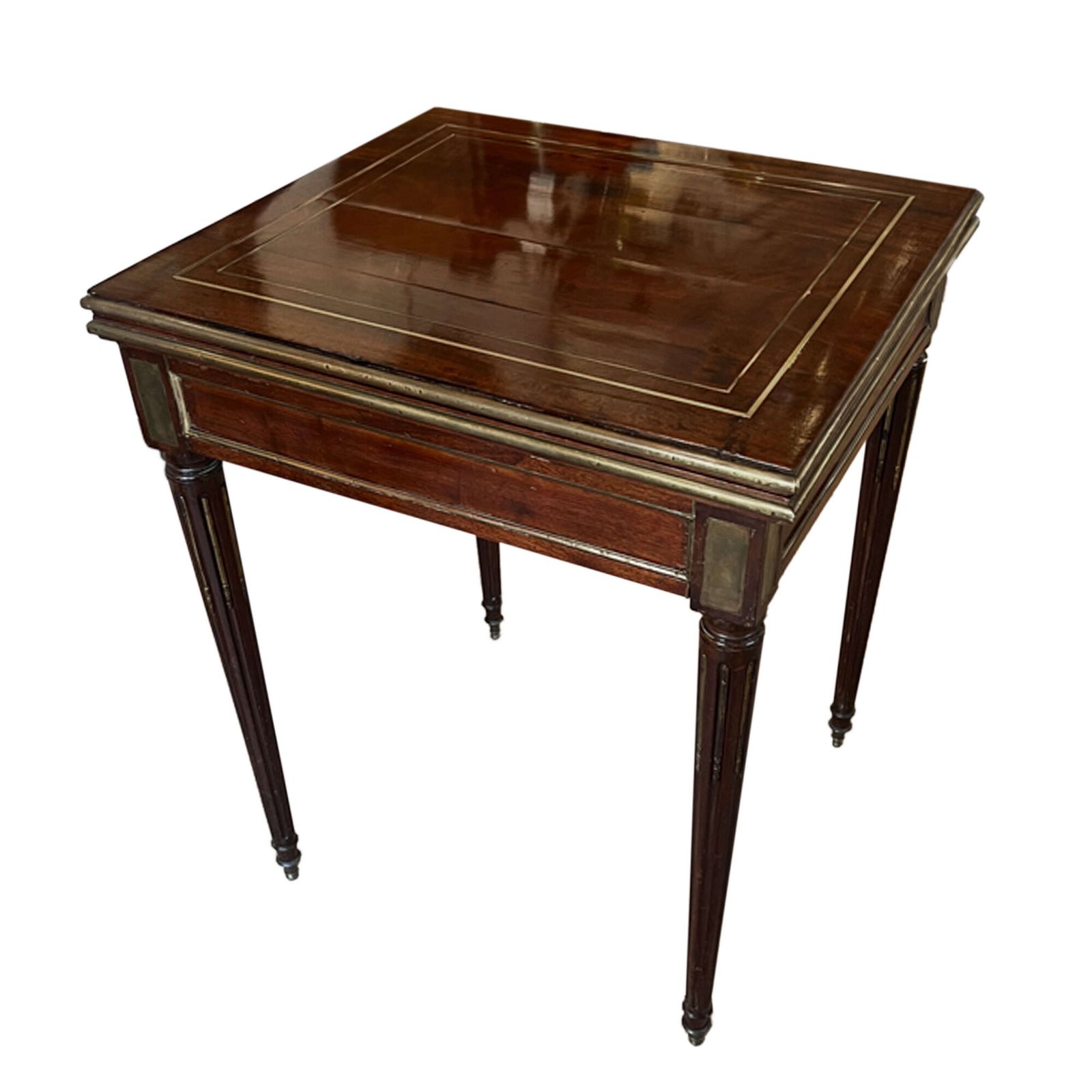 French Mid 19th Century Mahogany Card Table With Crimson Baize Game Surface & Brass Inlay photo furniture
