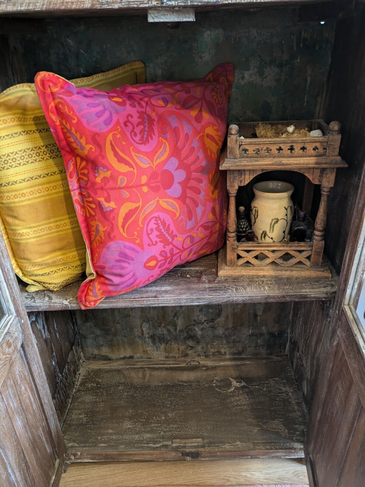 Restored Antique Vtg Wood Indian Cabinet Cupboard Paint Glazed Reclaimed Rustic photo buy