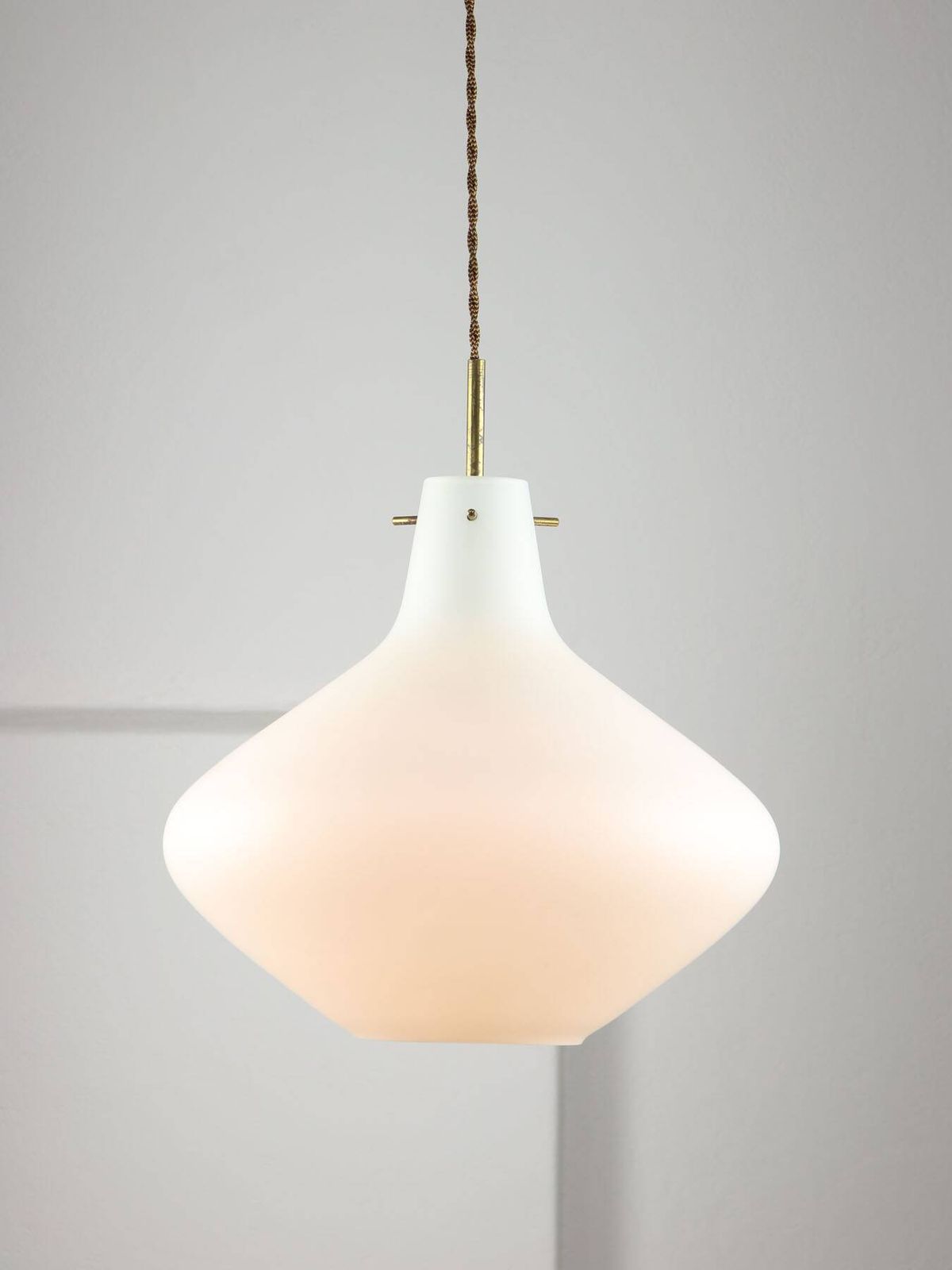 Mid Century Italian Brass And Opaline Glass Pendant Lamp photo Lighting