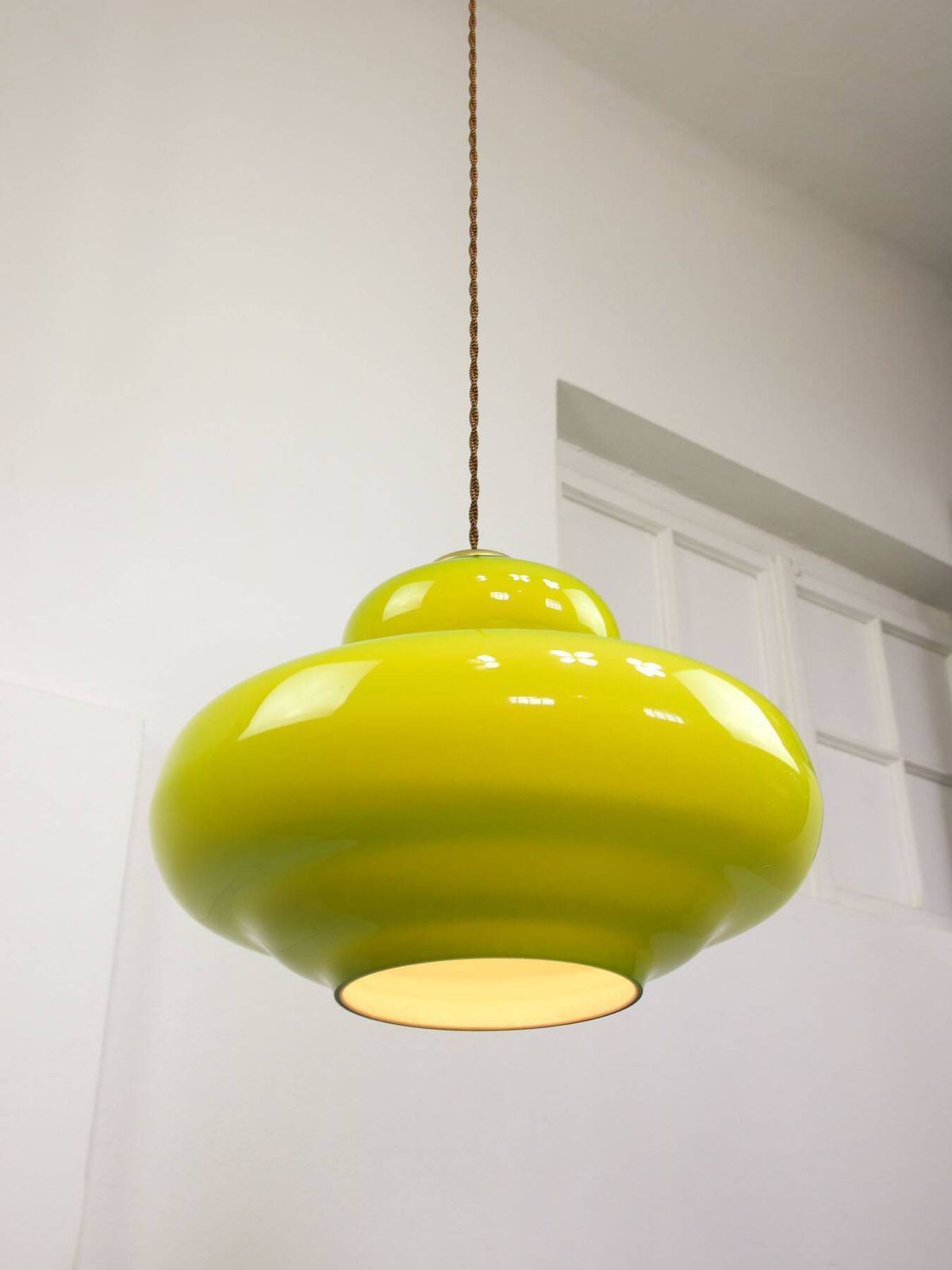 photo for sale Mid Century Italian Green Glass And Brass Pendant Lamp