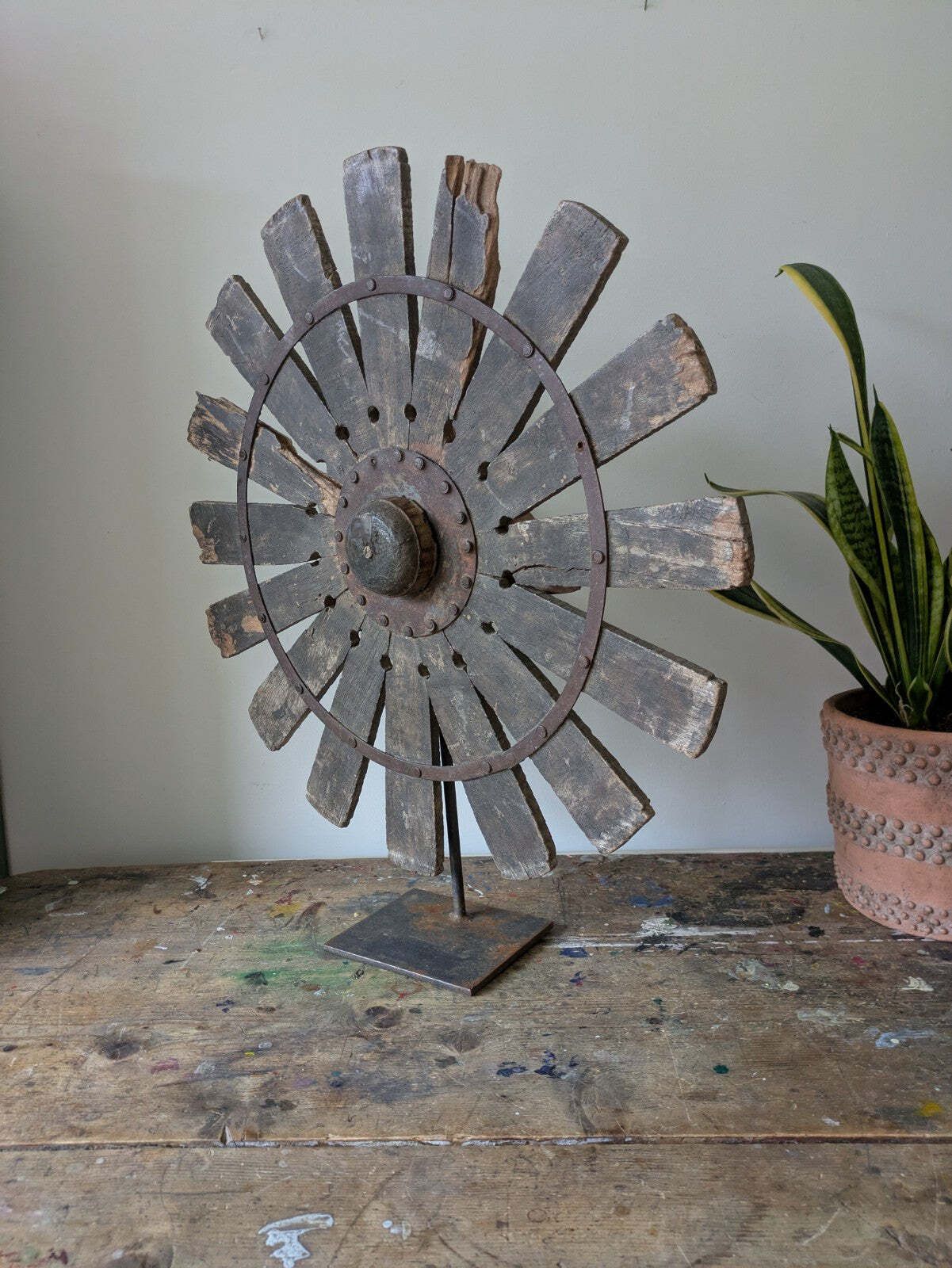 Vintage Rustic Antique Indian Silk Spinning Charkha Wheel Sculpture On Stand Vgc photo 95.0