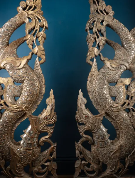 Large Carved And Gilded Pair Of Thai Temple Guardians