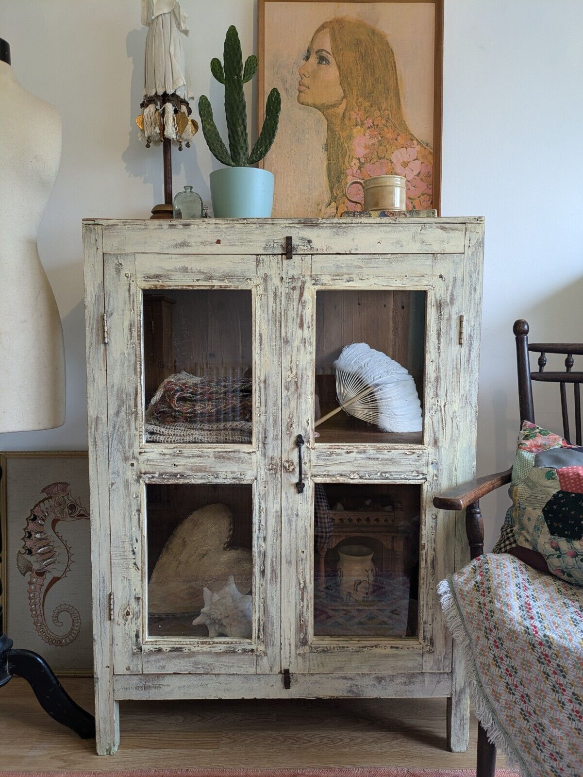 Restored Antique Vintage Indian Cabinet Cupboard Painted Glazed Reclaimed Cream photo furniture