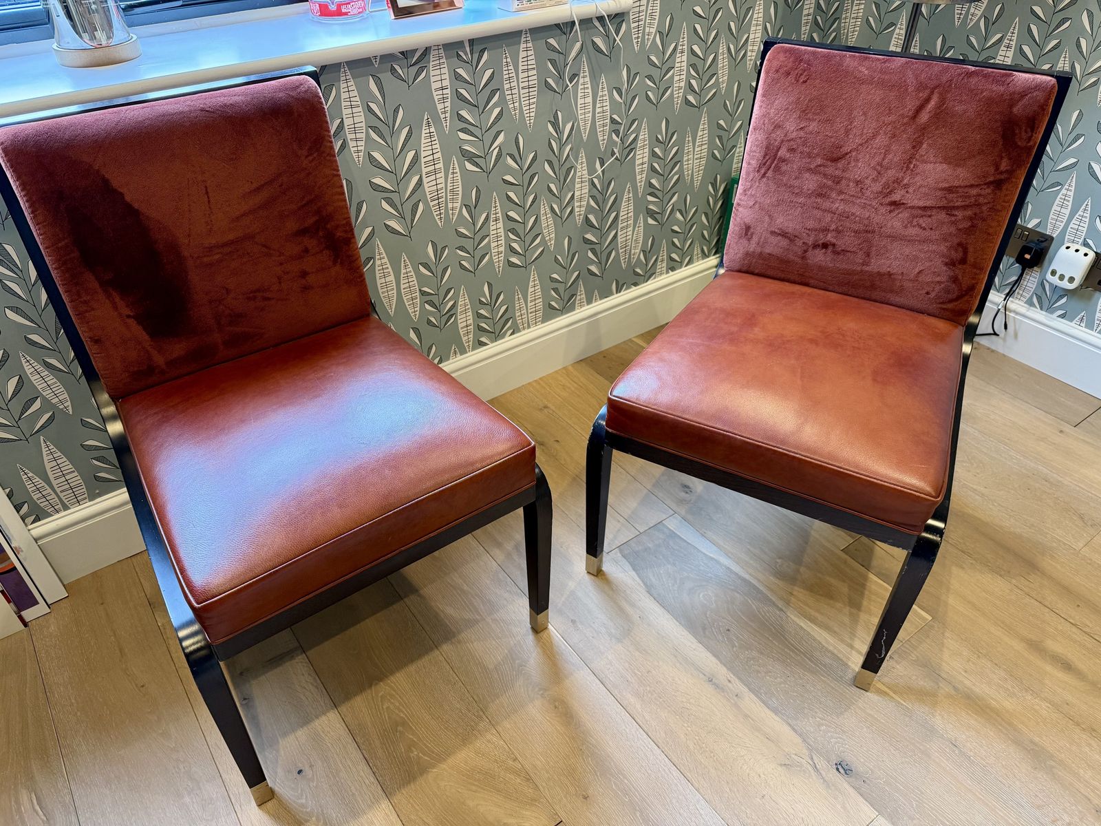 Set Of 6 Exceptionally Comfortable Ben Whistler Leather & Velvet Dining Chairs. photo for sale