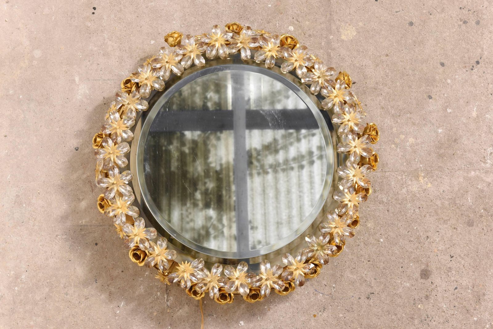 Sunburst Gilt Roses And Crystal Flowers Illuminated Mirror By Palwa, Germany photo furniture