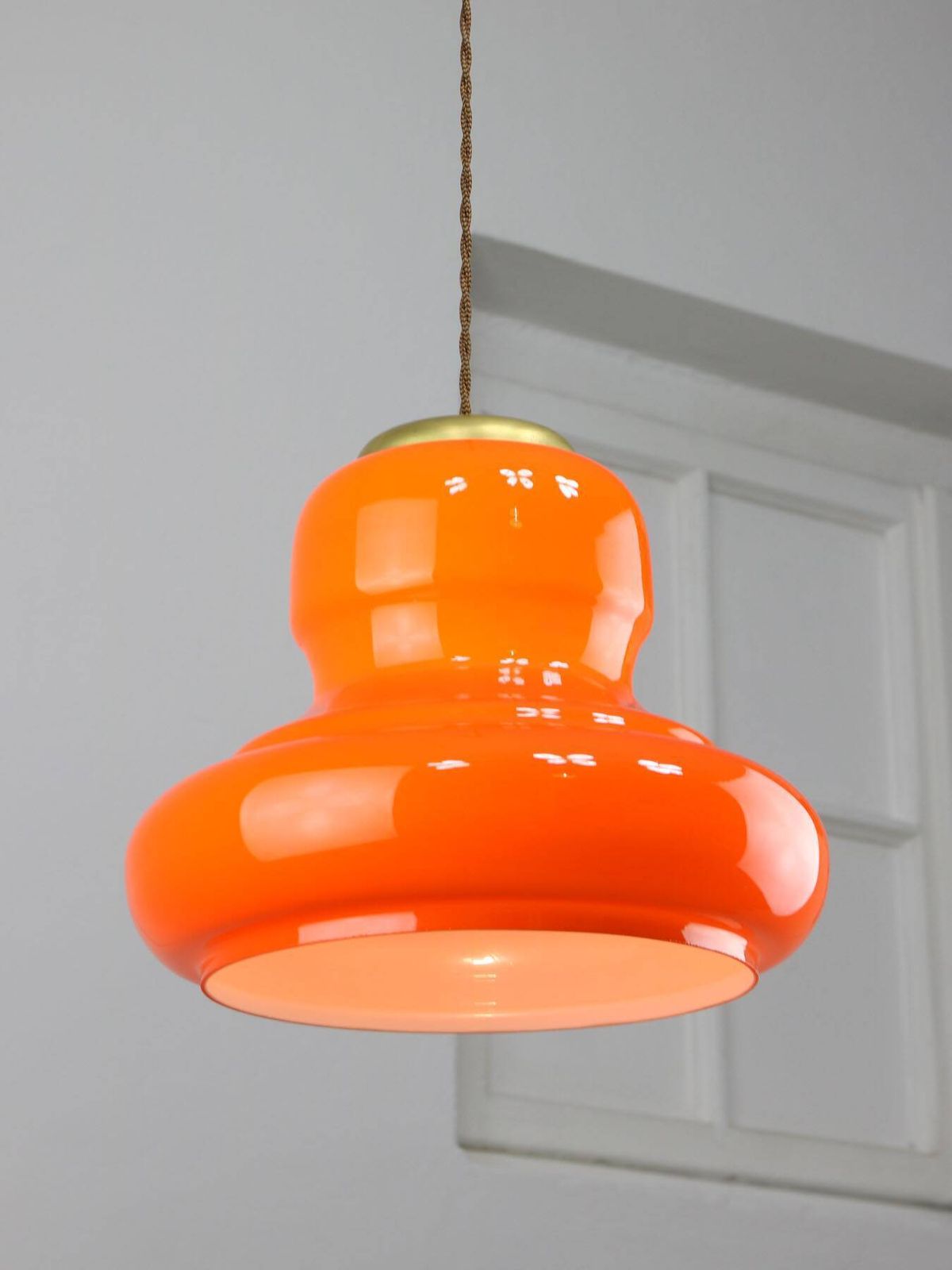Mid Century Italian Orange Glass And Brass Pendant Lamp photo for sale