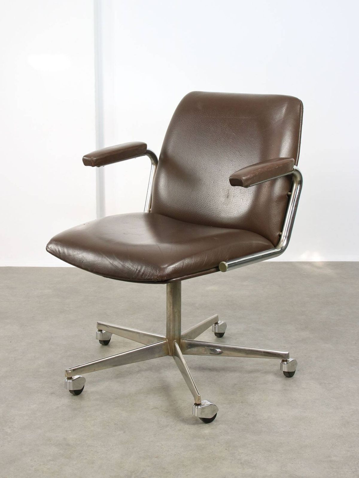 Mid Century Italian Brown Leather Swivel Chair photo furniture