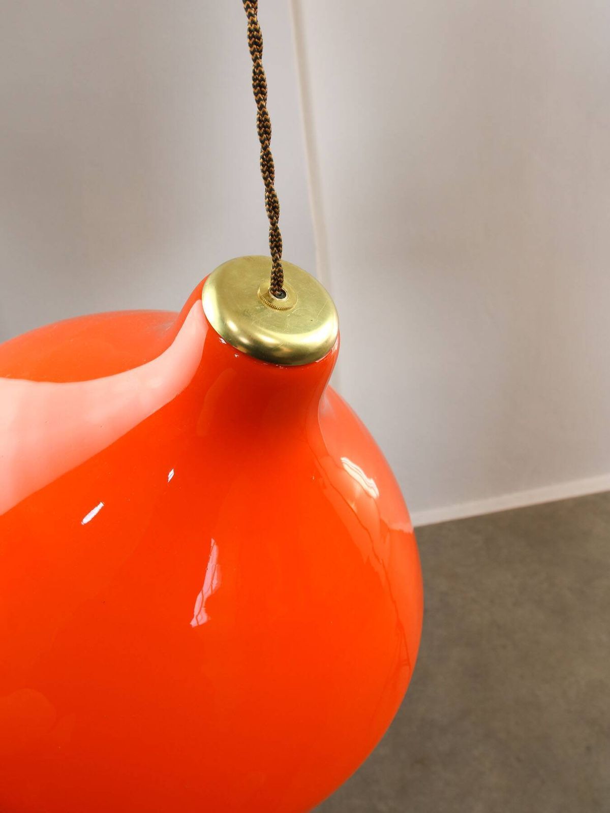 Mid Century Italian Orange Glass And Brass Pendant Lamp photo 473.0