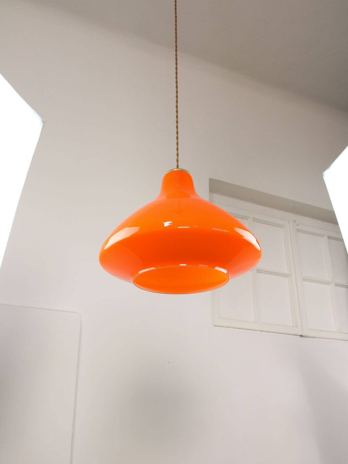 Mid Century Italian Orange Glass And Brass Pendant Lamp photo vinterior