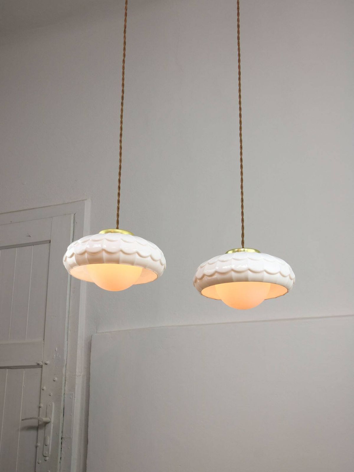 Mid Century Italian Ceramic And Brass Pendant Lamps Set Of 2 photo vinterior