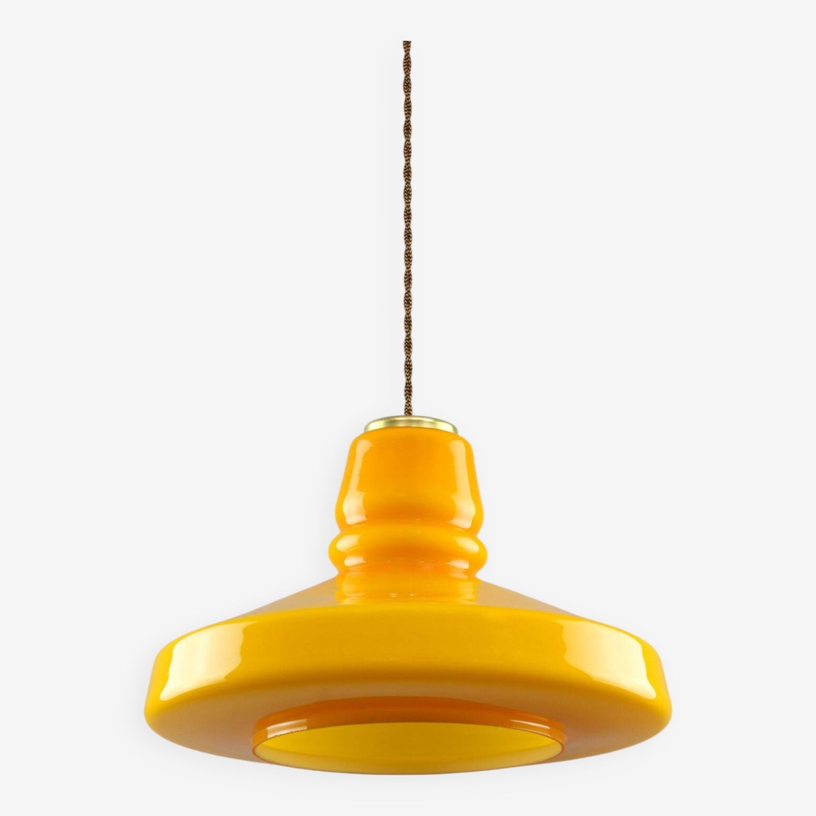 Mid Century Italian Yellow Glass And Brass Pendant Lamp