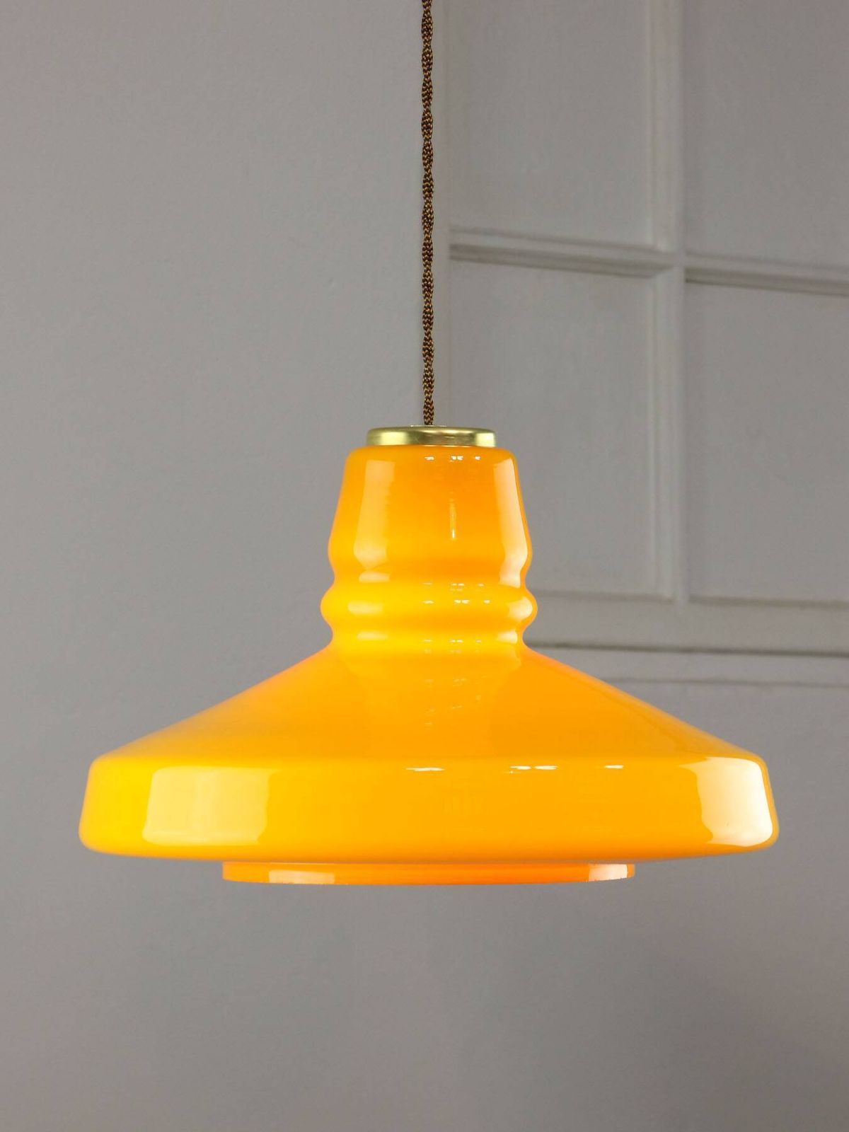 758.0 Mid Century Italian Yellow Glass And Brass Pendant Lamp photo