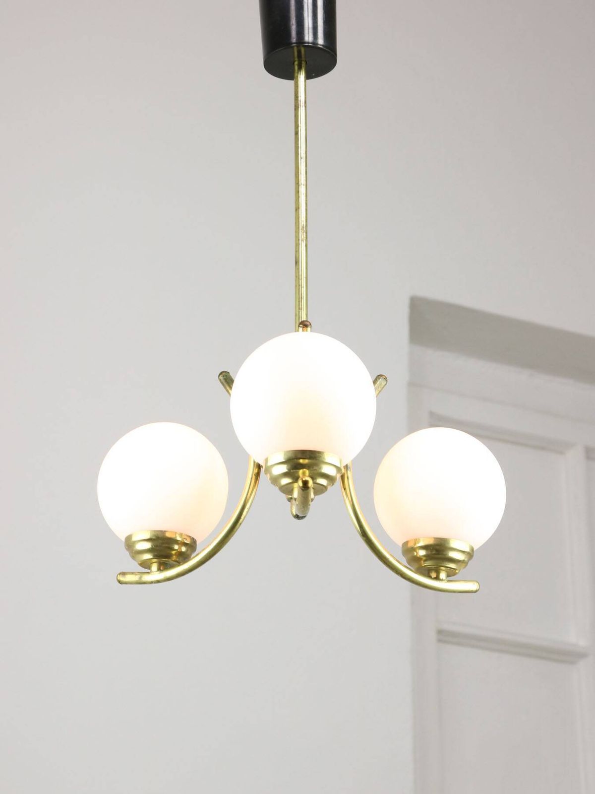 Mid Century Italian Brass And Opaline Chandelier photo for sale