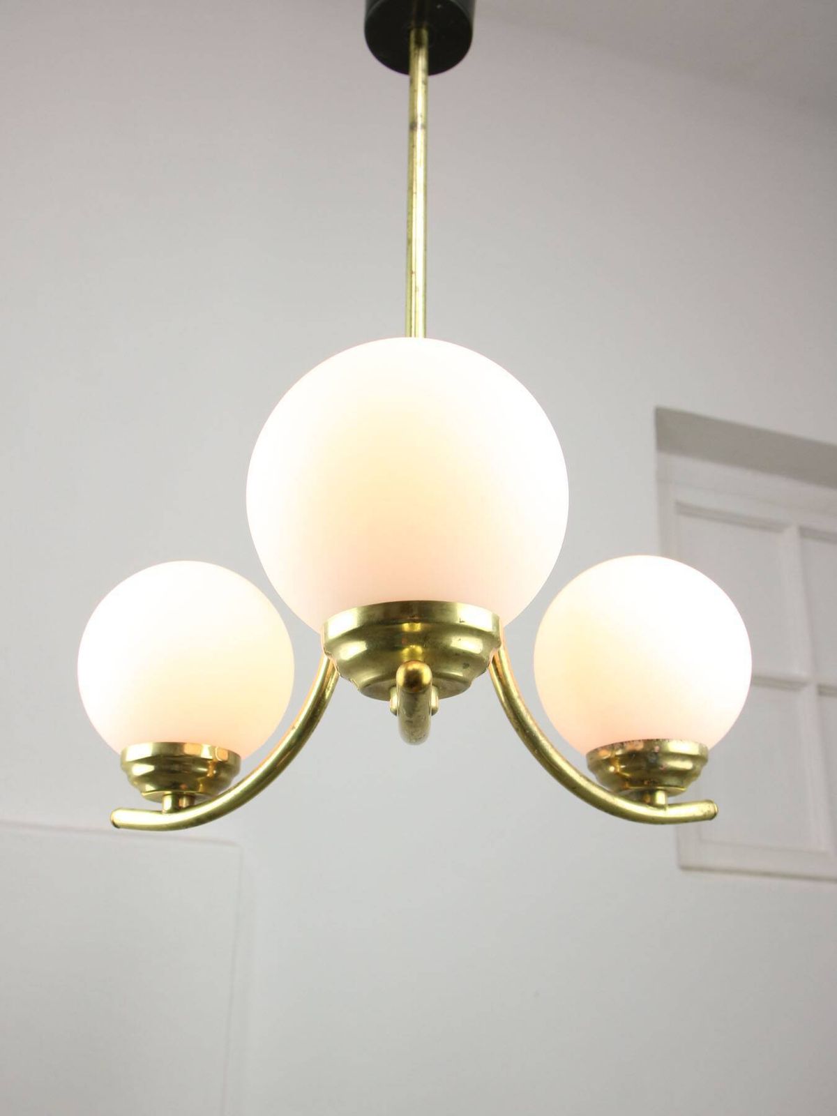 photo for sale Mid Century Italian Brass And Opaline Chandelier