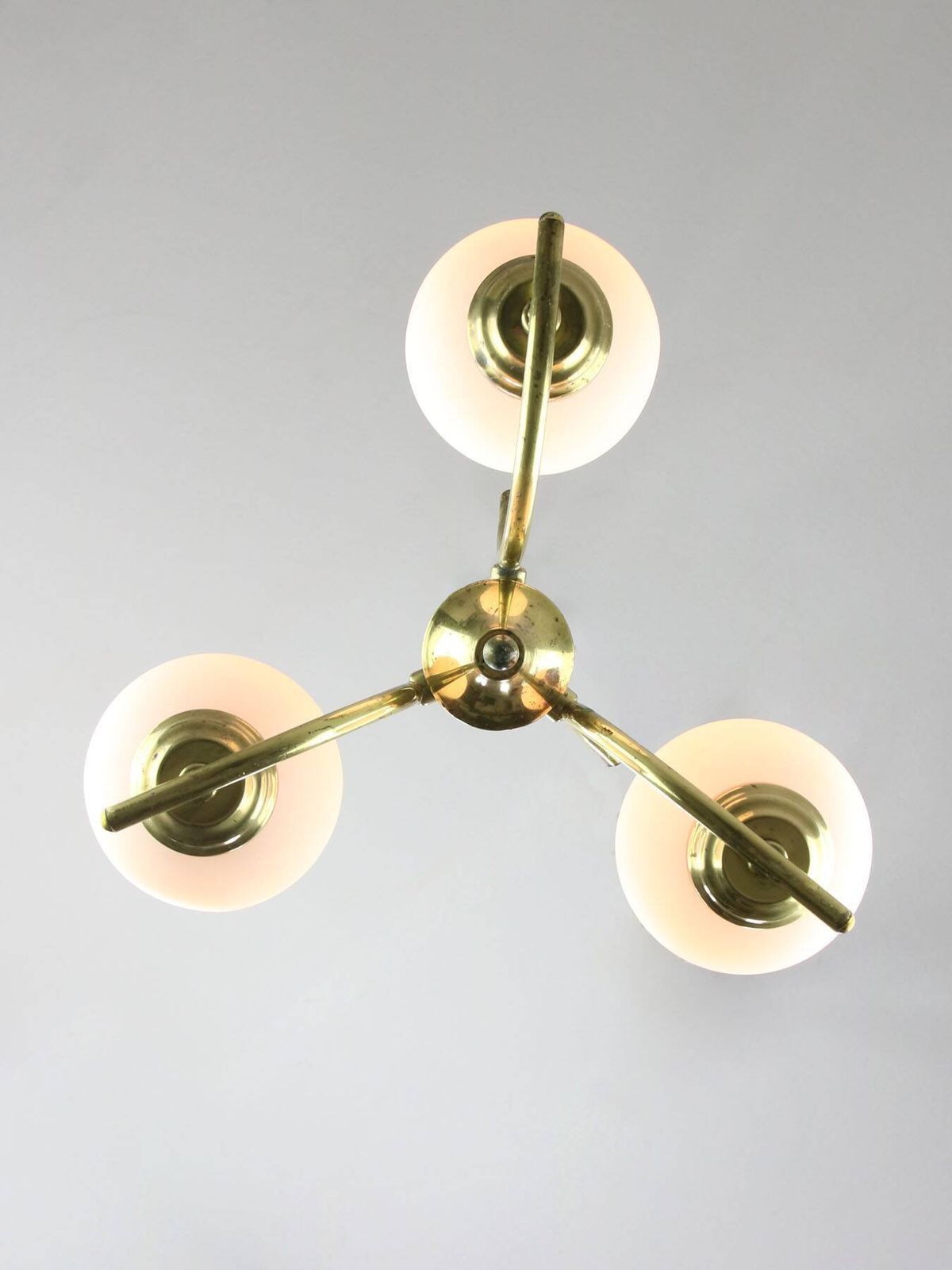484.0 Mid Century Italian Brass And Opaline Chandelier photo