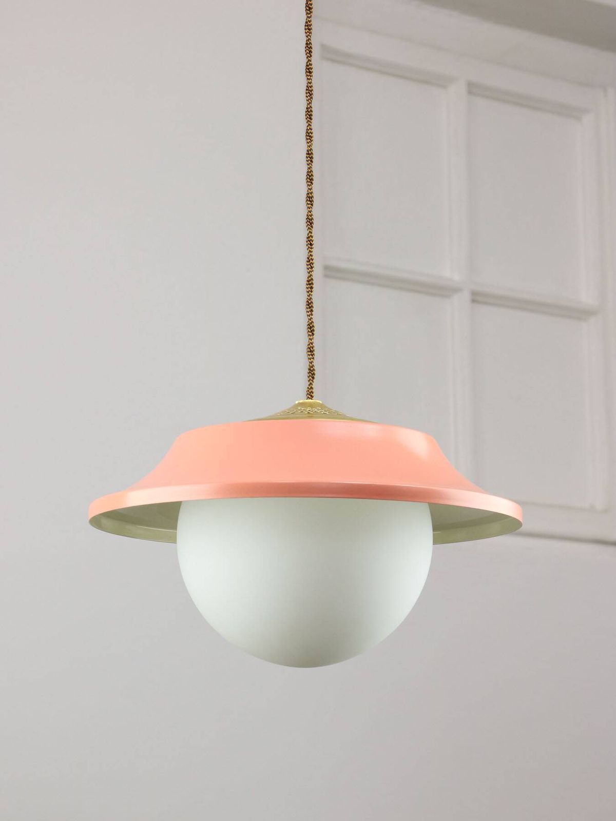 photo for sale Mid Century Italian Pink Metal And Brass Pendant Lamp