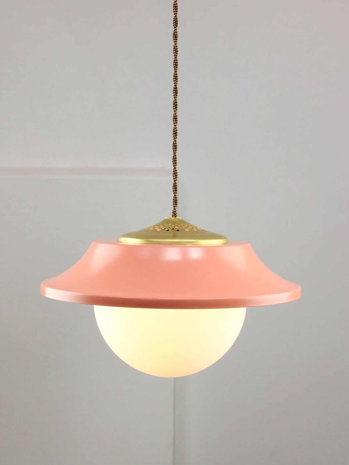 432.0 Mid Century Italian Pink Metal And Brass Pendant Lamp photo