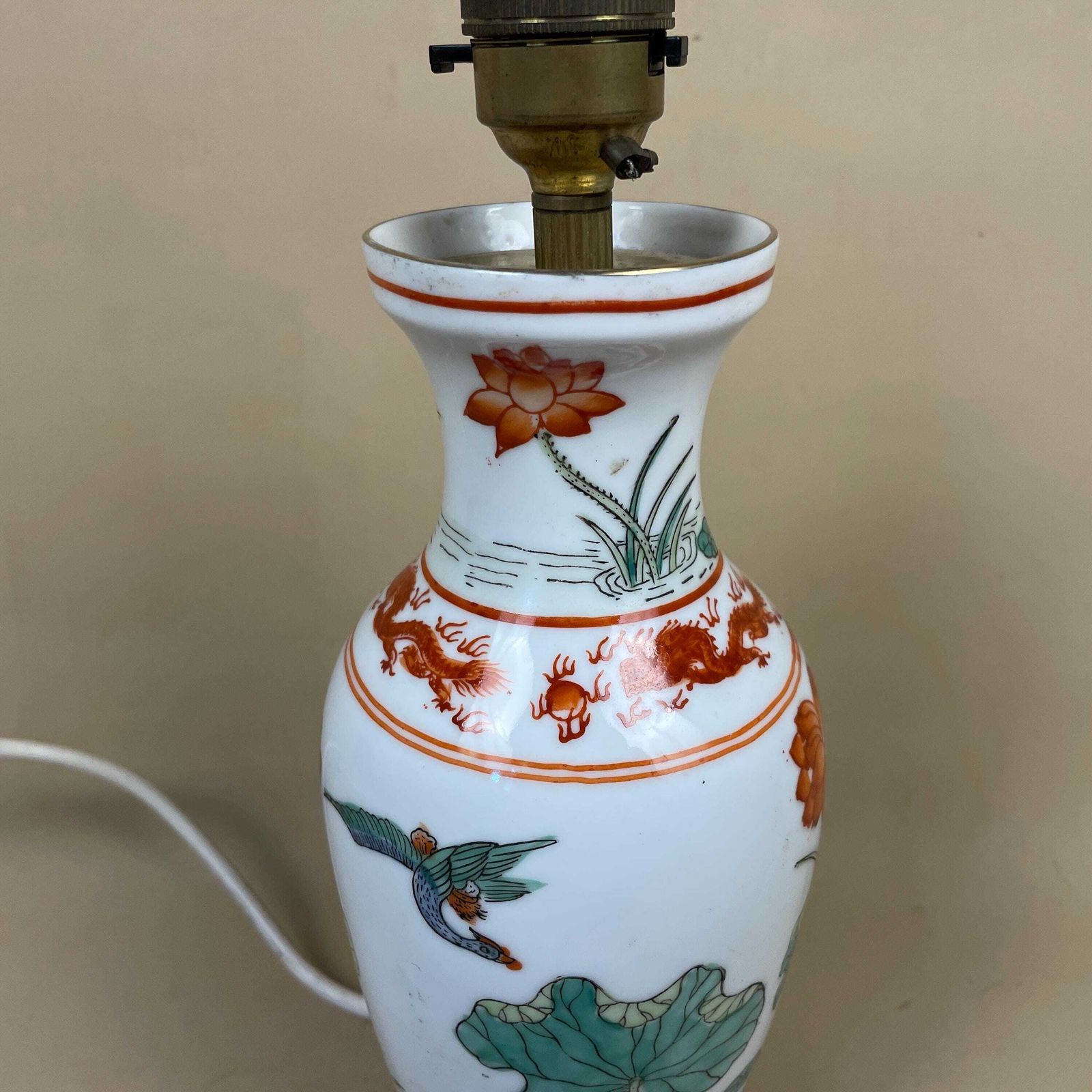 Vintage Ceramic Lamp Light Bedside Table Hand Painted Floral Lily Pad Design Pattern Wood Base Oriental Chinese Vase White Antique Brass photo for sale