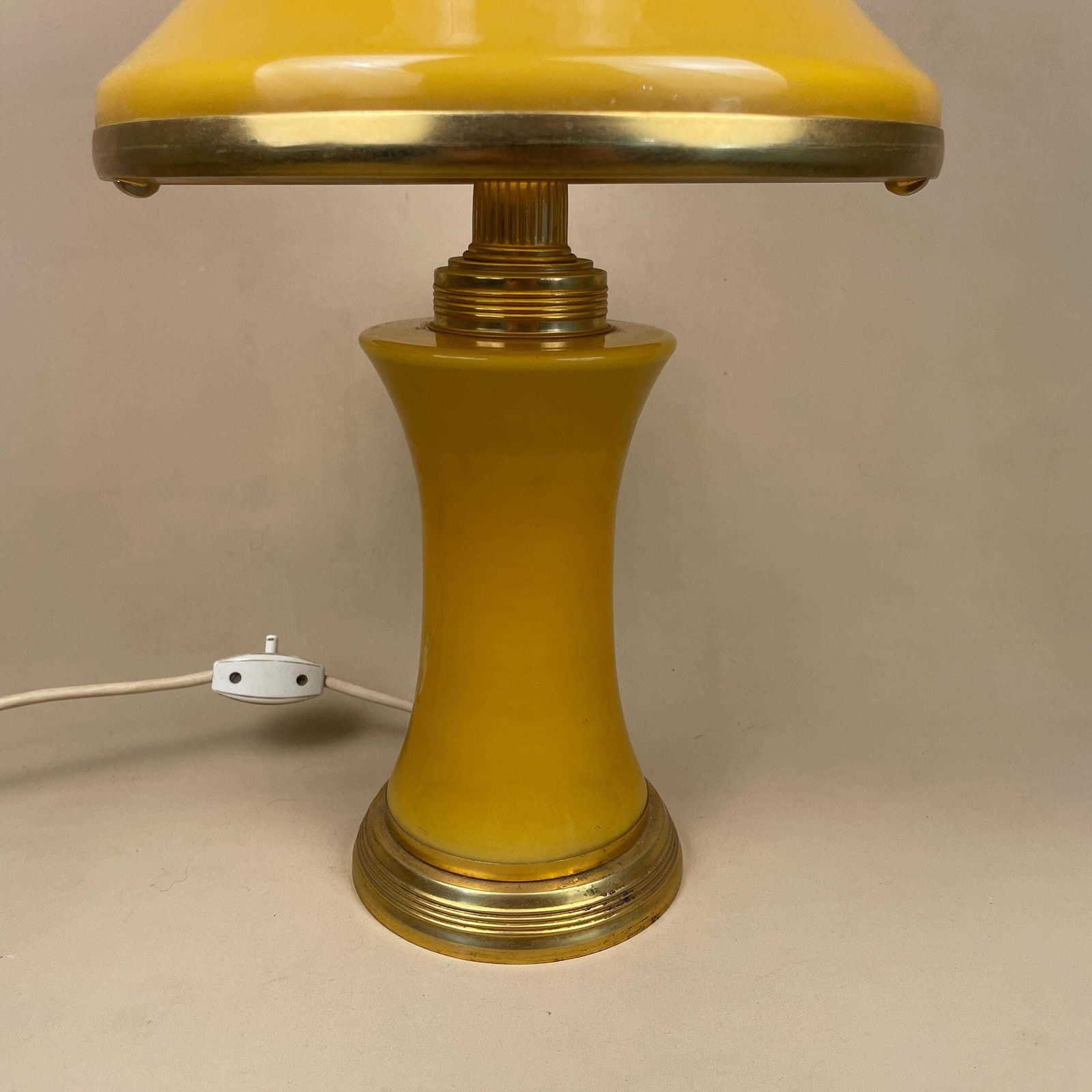 Vintage Mushroom Lamp Yellow All Glass Light Bedside Table Desk Brass Metal Gold Antique Medium Interior Design Retro Art Deco photo for sale