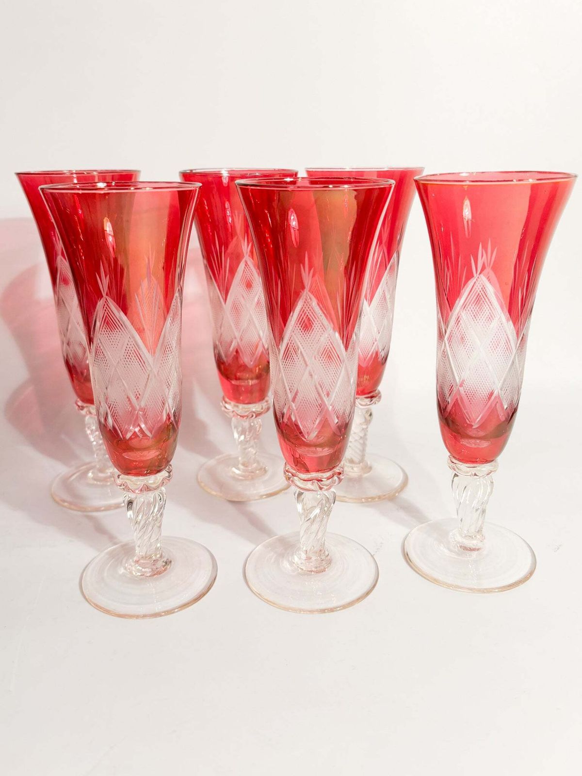 Set Of 6 Red Bohemian Crystal Flute Glasses From The 70s