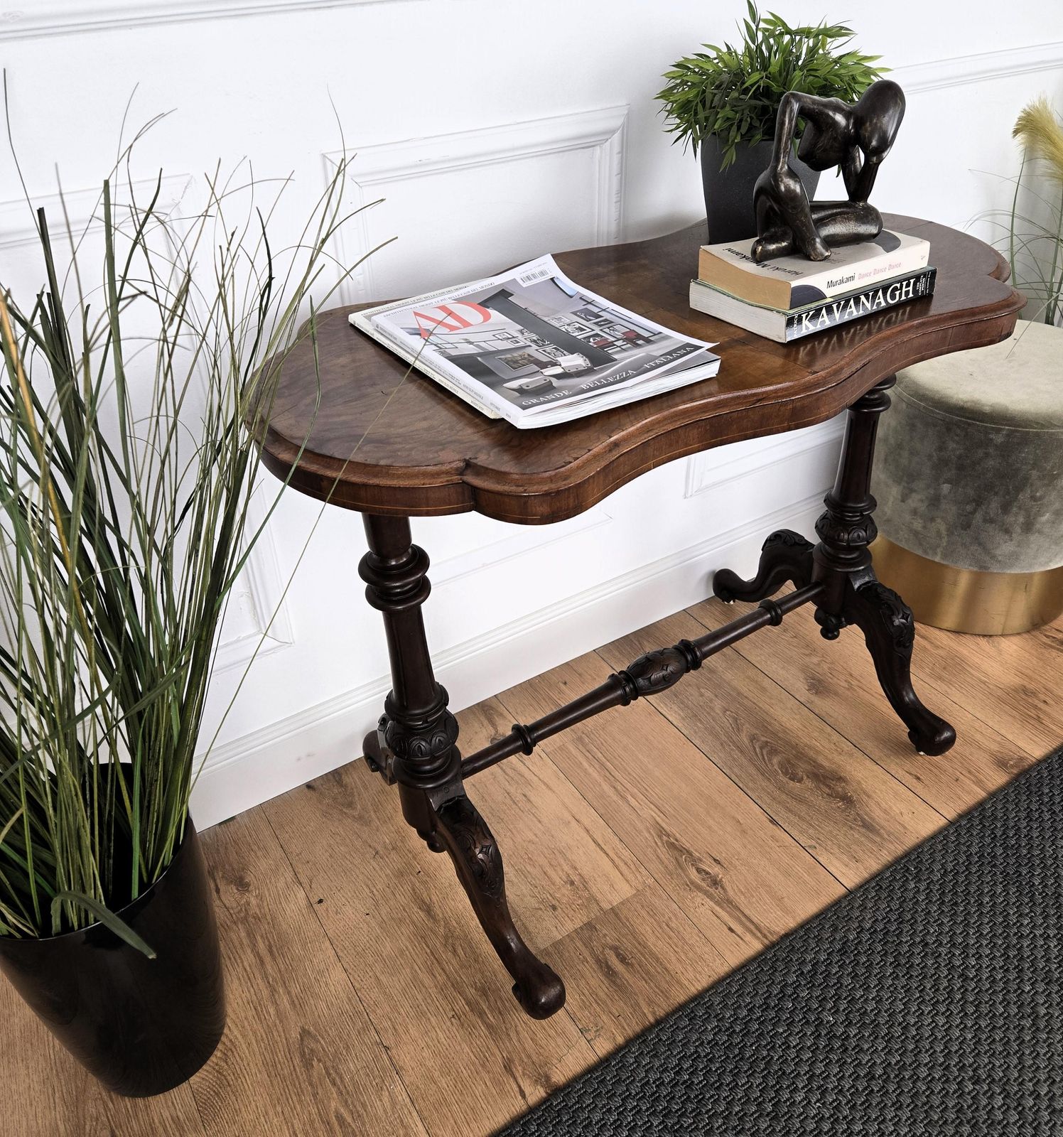 Neoclassical Italian Burl Walnut Wood Coffee Side Table Cart photo Furniture