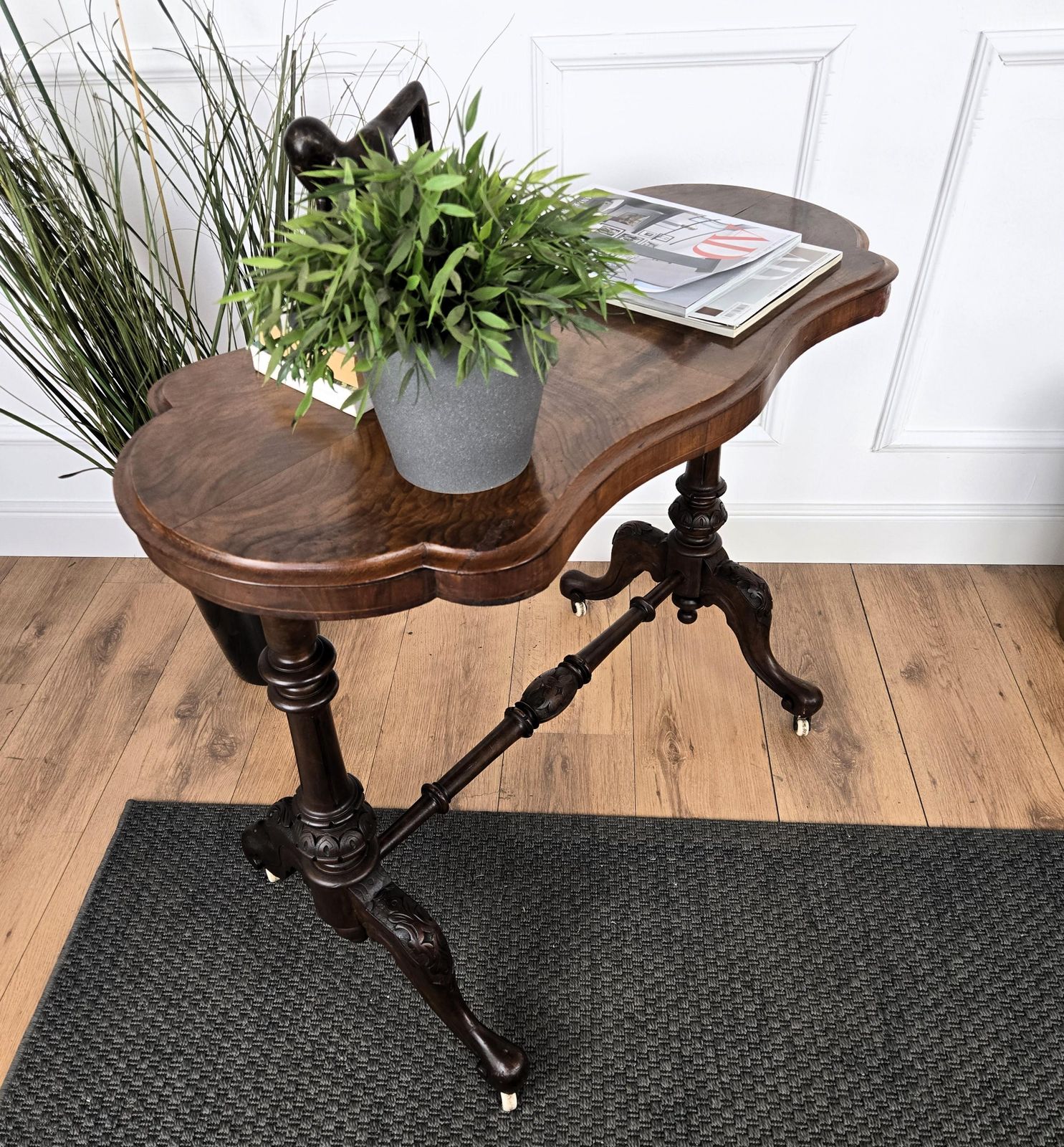 Neoclassical Italian Burl Walnut Wood Coffee Side Table Cart photo buy