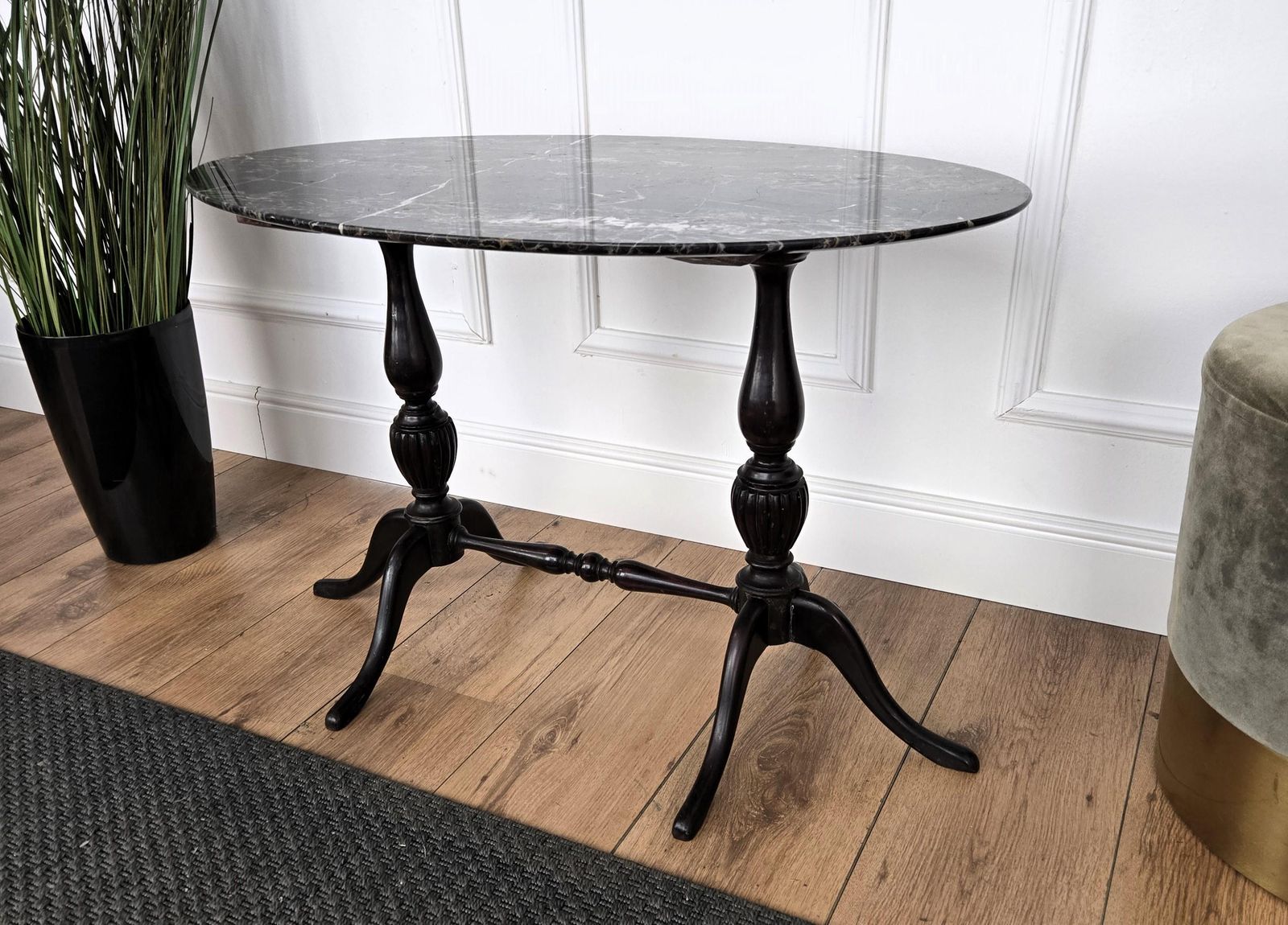 Italian Carved Walnut Side Coffee Table With Oval Portoro Marble Top photo vinterior