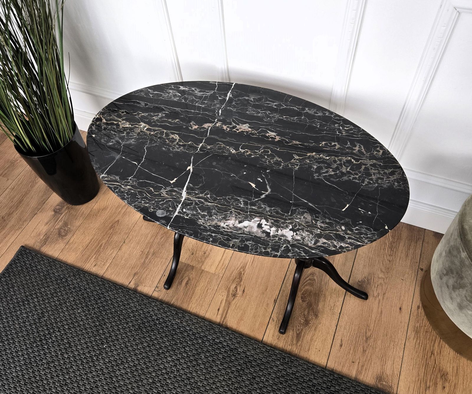 Italian Carved Walnut Side Coffee Table With Oval Portoro Marble Top photo buy