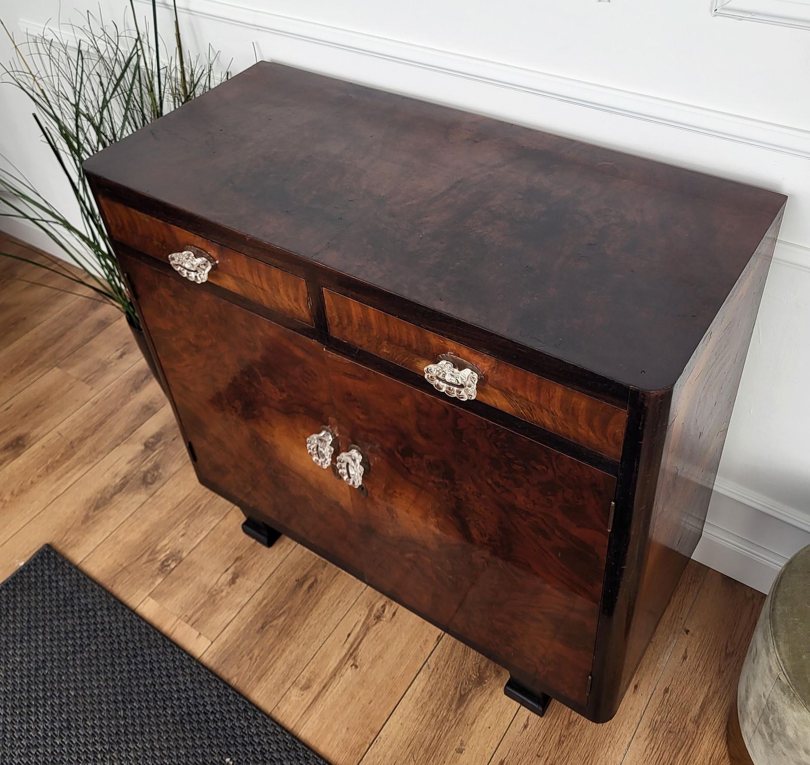 1940s Italian Art Deco Midcentury Modern Walnut Burl Brass Sideboard Credenza photo vintage