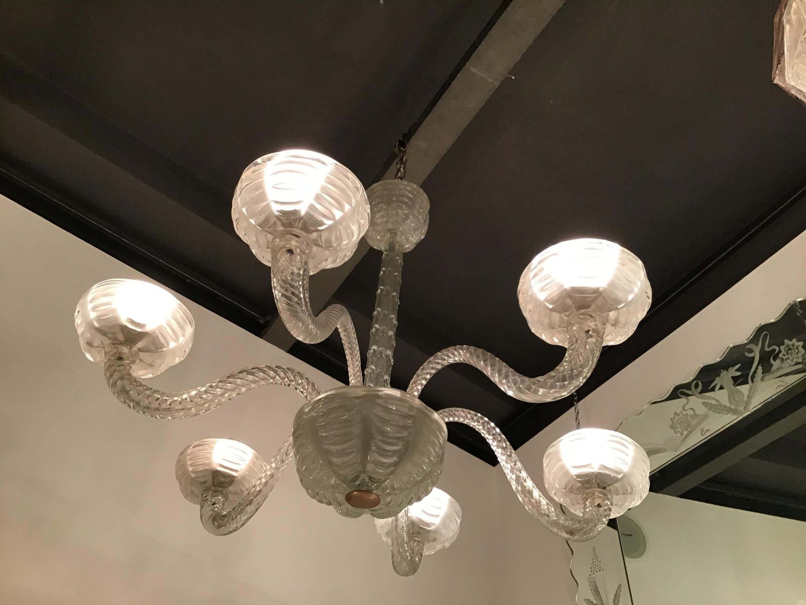 photo for sale Toso Dino Martens Chandelier Murano Glass Wood Brass, 1945, Italy