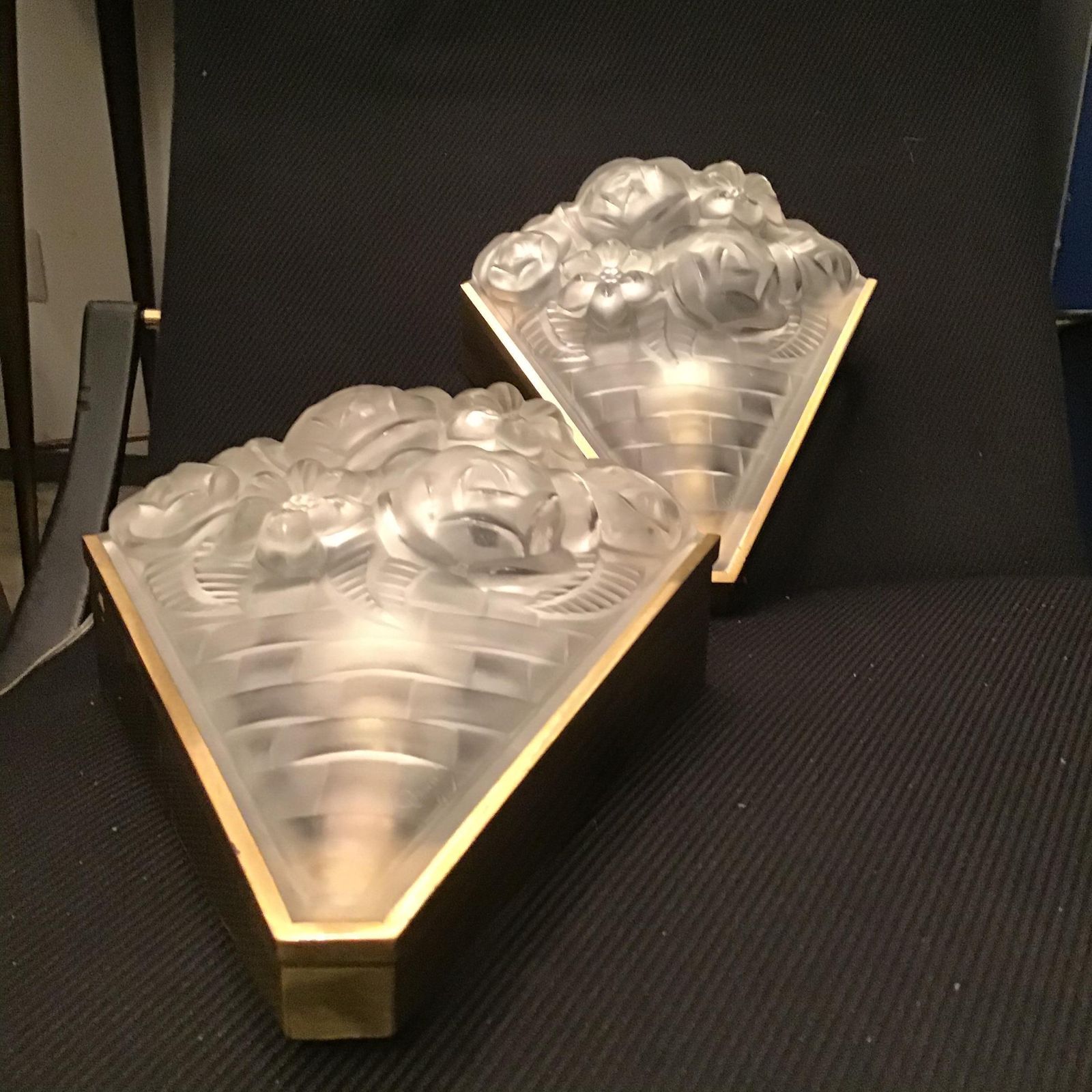 Degue' Pair Of French Wall Lights 1930s Frosted Glass Metal Chrome France photo for sale