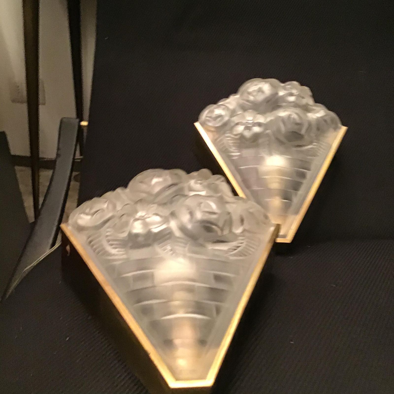 Degue' Pair Of French Wall Lights 1930s Frosted Glass Metal Chrome France photo 5136.0