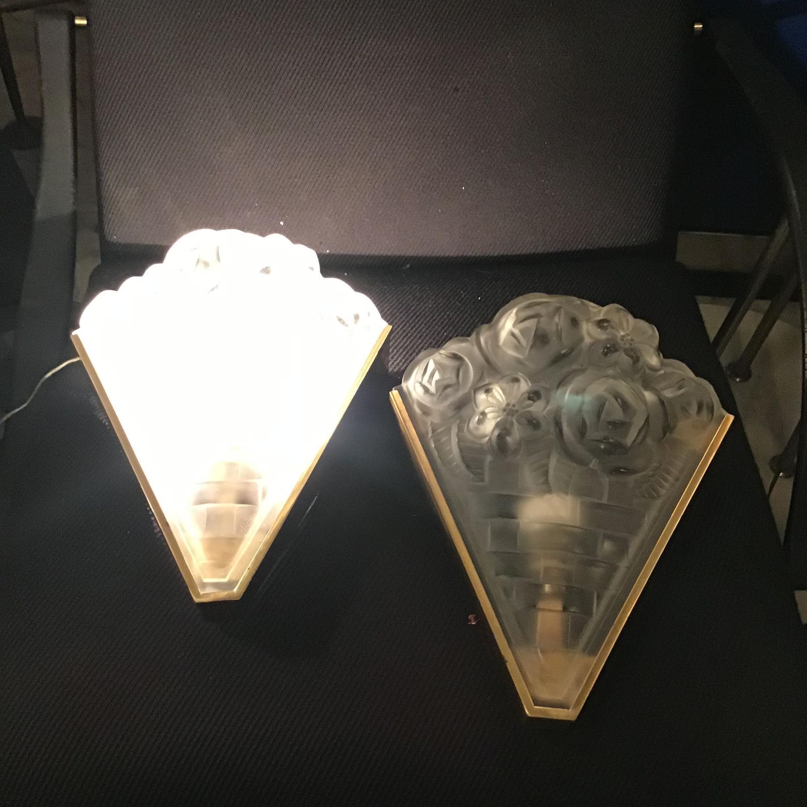 photo furniture Degue' Pair Of French Wall Lights 1930s Frosted Glass Metal Chrome France