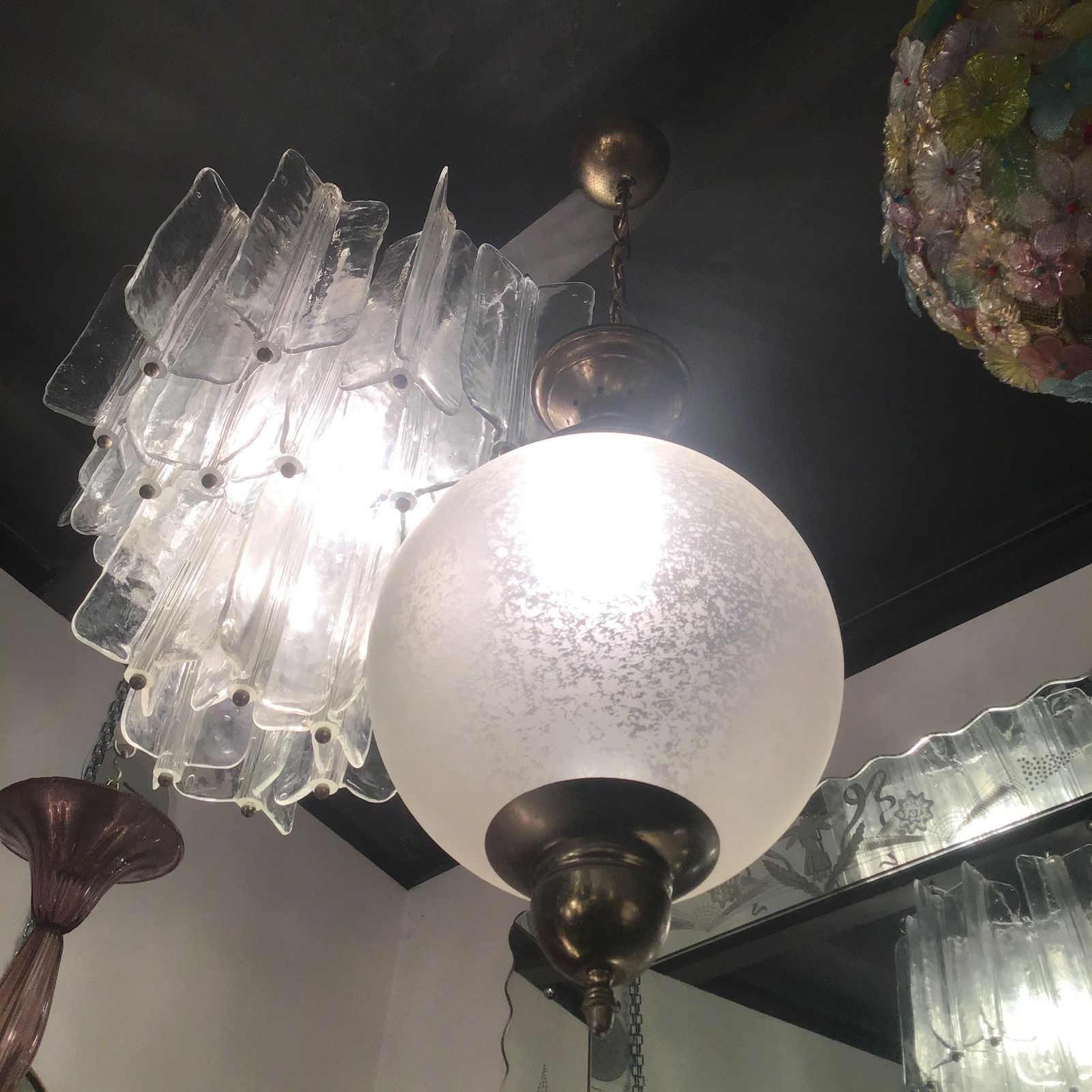 Azucena Luigi Caccia Dominioni Couple Chandeliers Acidate Glass Metal Crome 1950s photo for sale