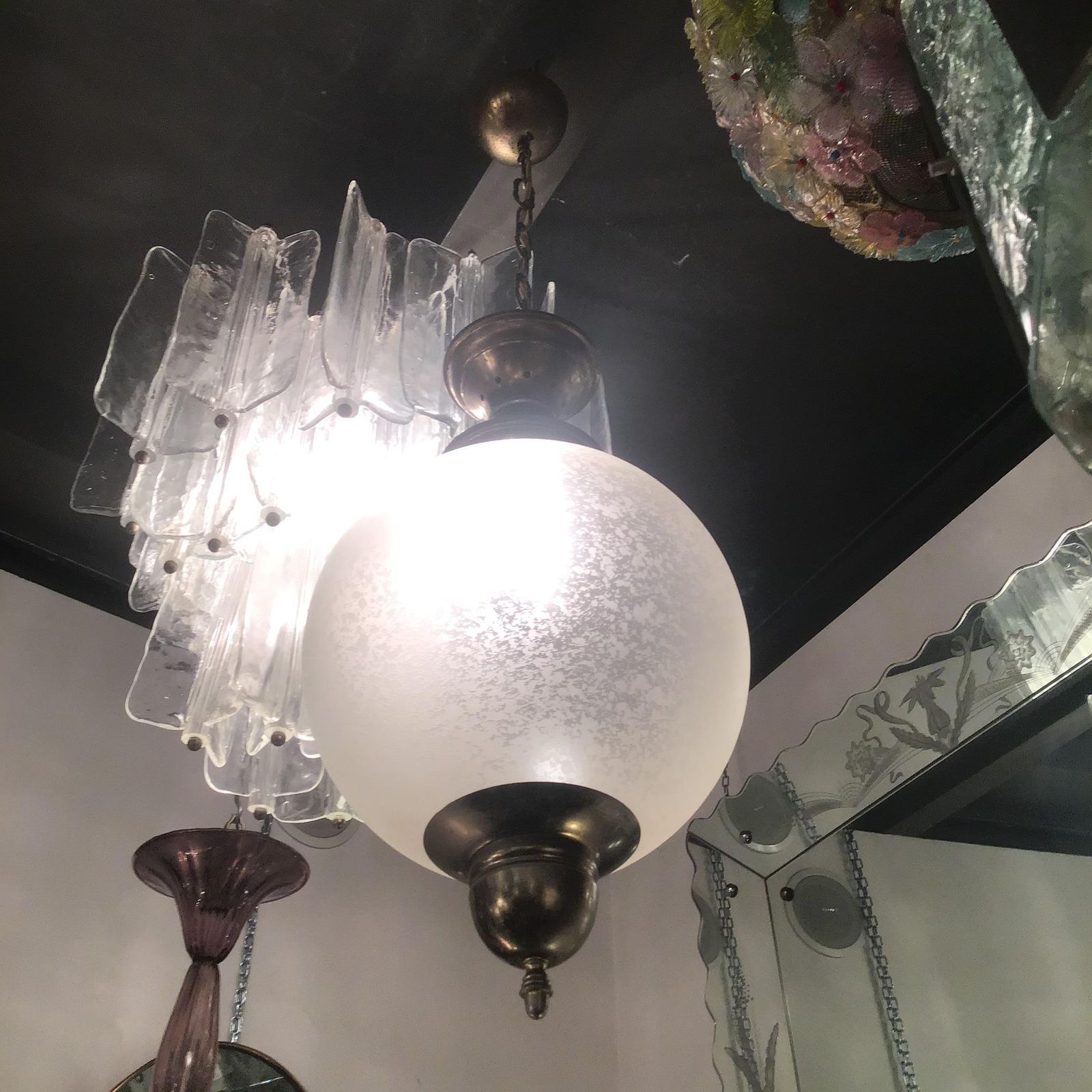 Azucena Luigi Caccia Dominioni Couple Chandeliers Acidate Glass Metal Crome 1950s photo Lighting