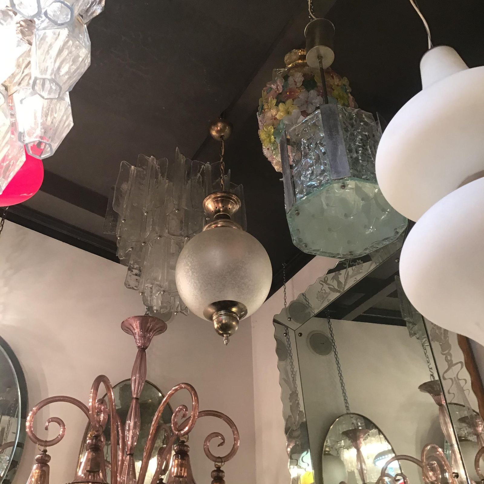 photo buy Azucena Luigi Caccia Dominioni Couple Chandeliers Acidate Glass Metal Crome 1950s