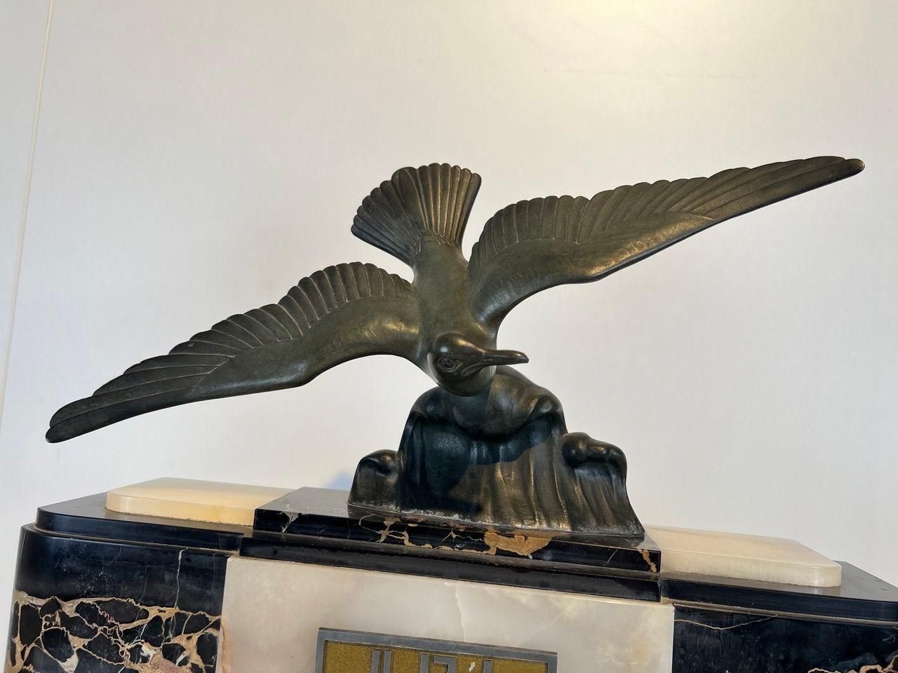 Art Deco Mantel Clock With Bird Sculpture, Marble, France Circa 1930 photo for sale