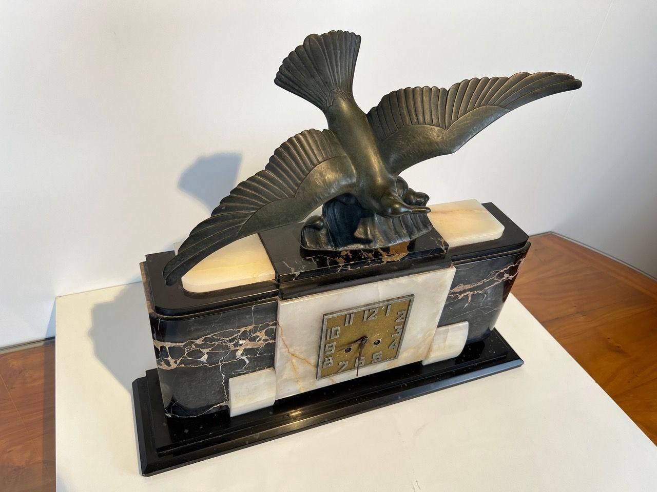 Art Deco Mantel Clock With Bird Sculpture, Marble, France Circa 1930 photo vintage