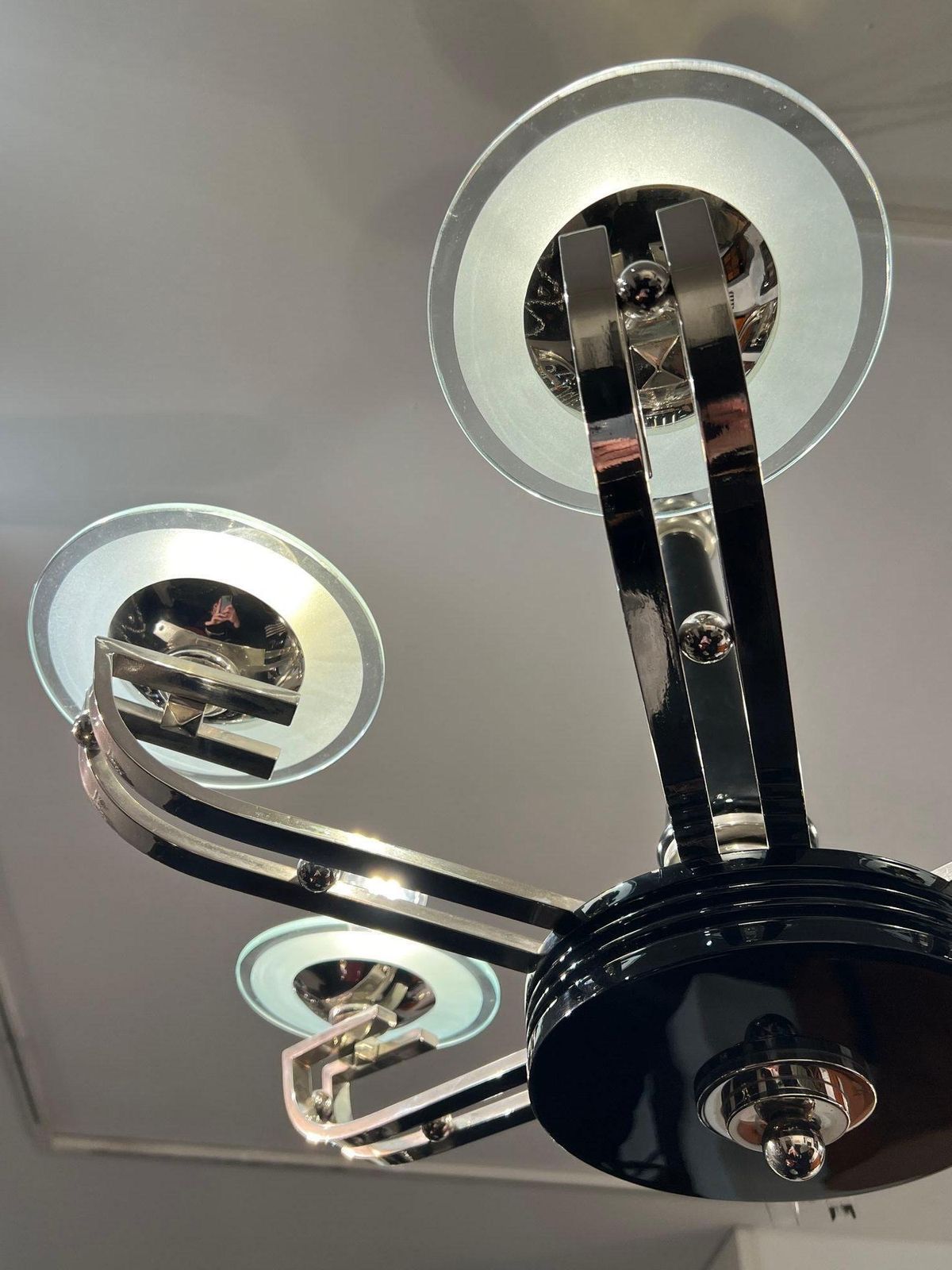 Art Deco Chandelier, Black Lacquer, Chrome, Glass, France Circa 1930 photo 3945.16