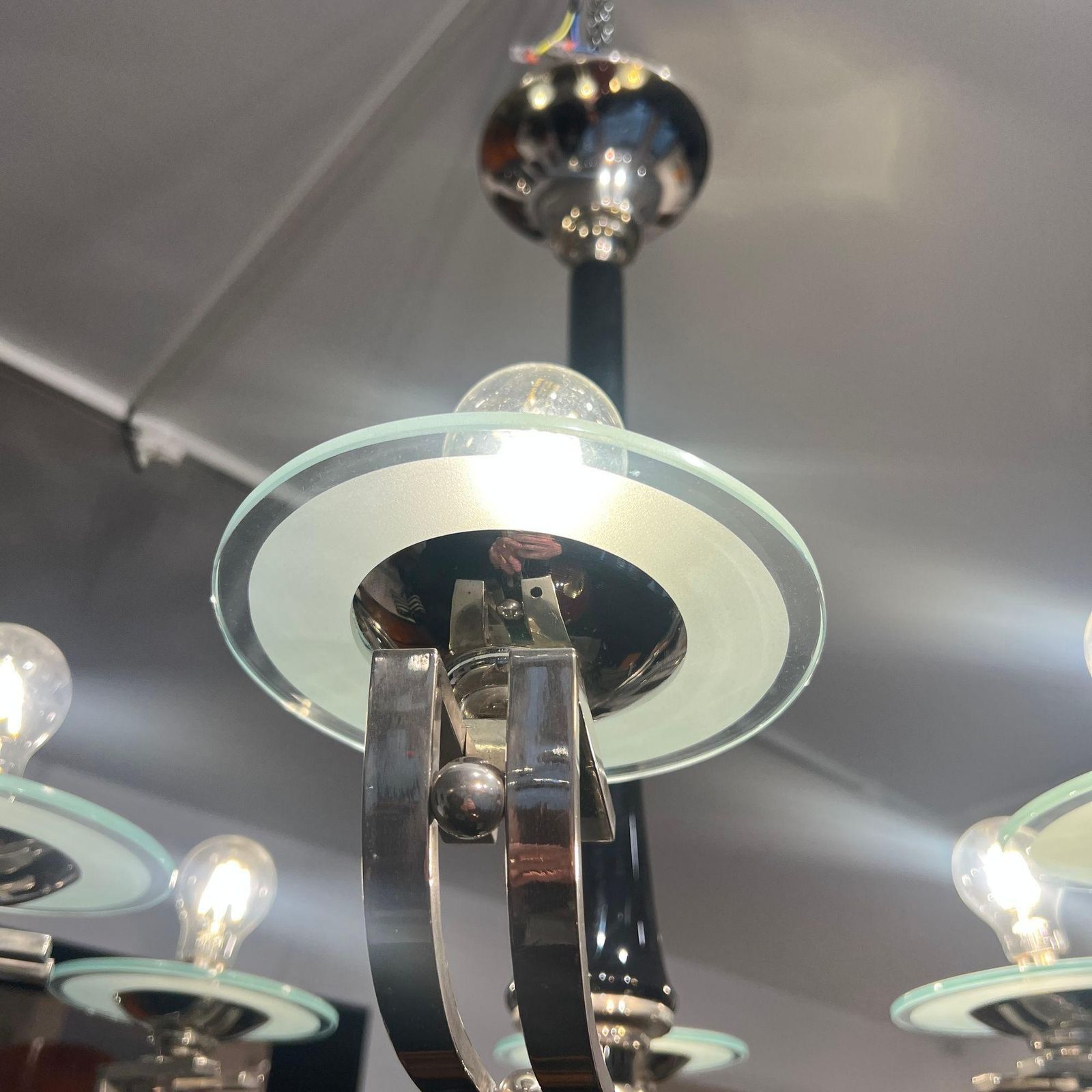 photo furniture Art Deco Chandelier, Black Lacquer, Chrome, Glass, France Circa 1930