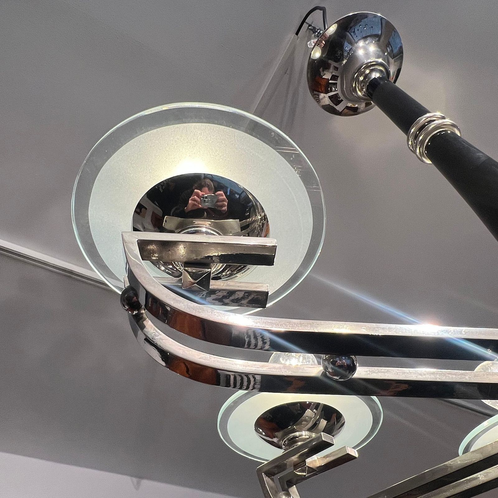 photo buy Art Deco Chandelier, Black Lacquer, Chrome, Glass, France Circa 1930