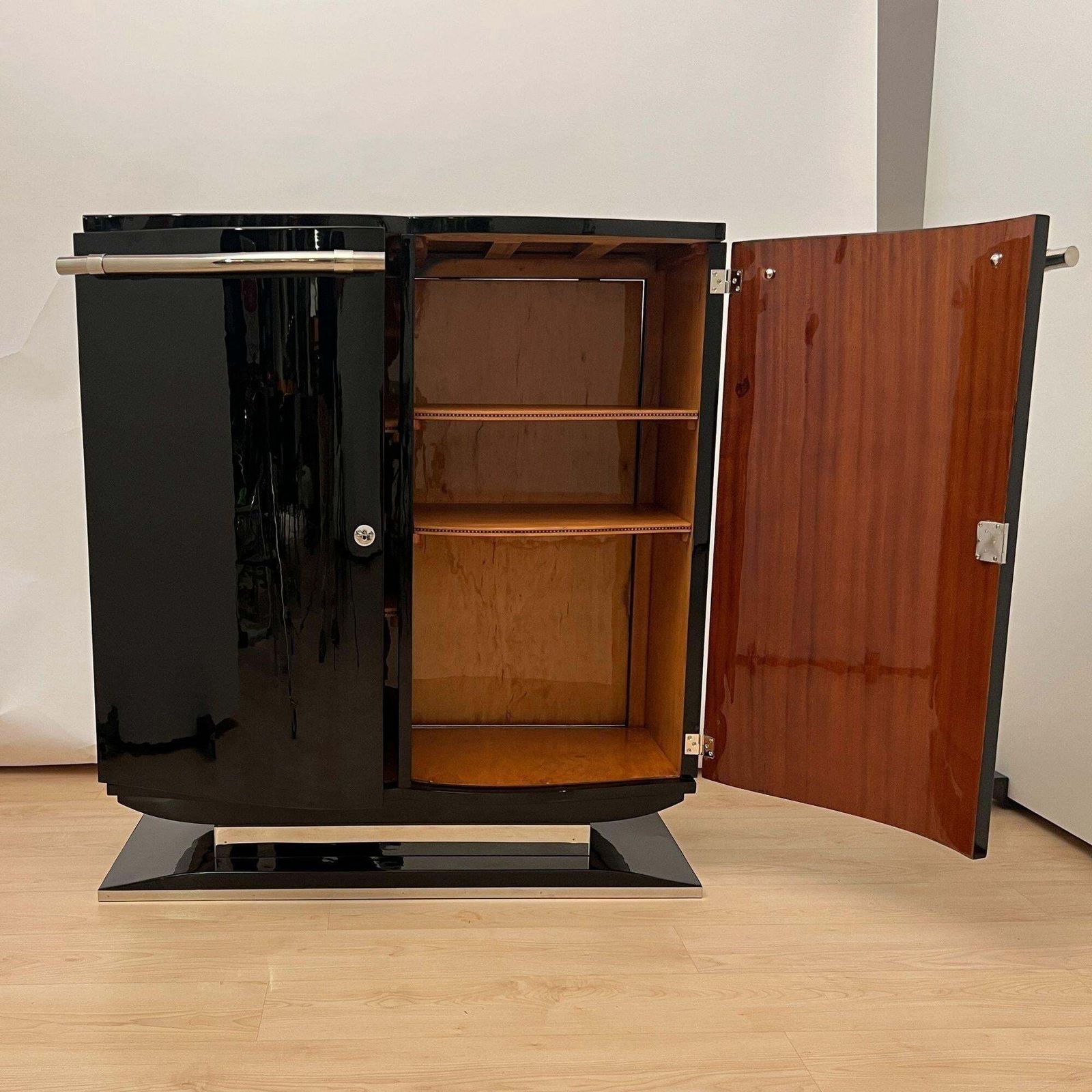 Art Deco Bar Sideboard, Black Lacquer And Chrome, France Circa 1930 photo for sale