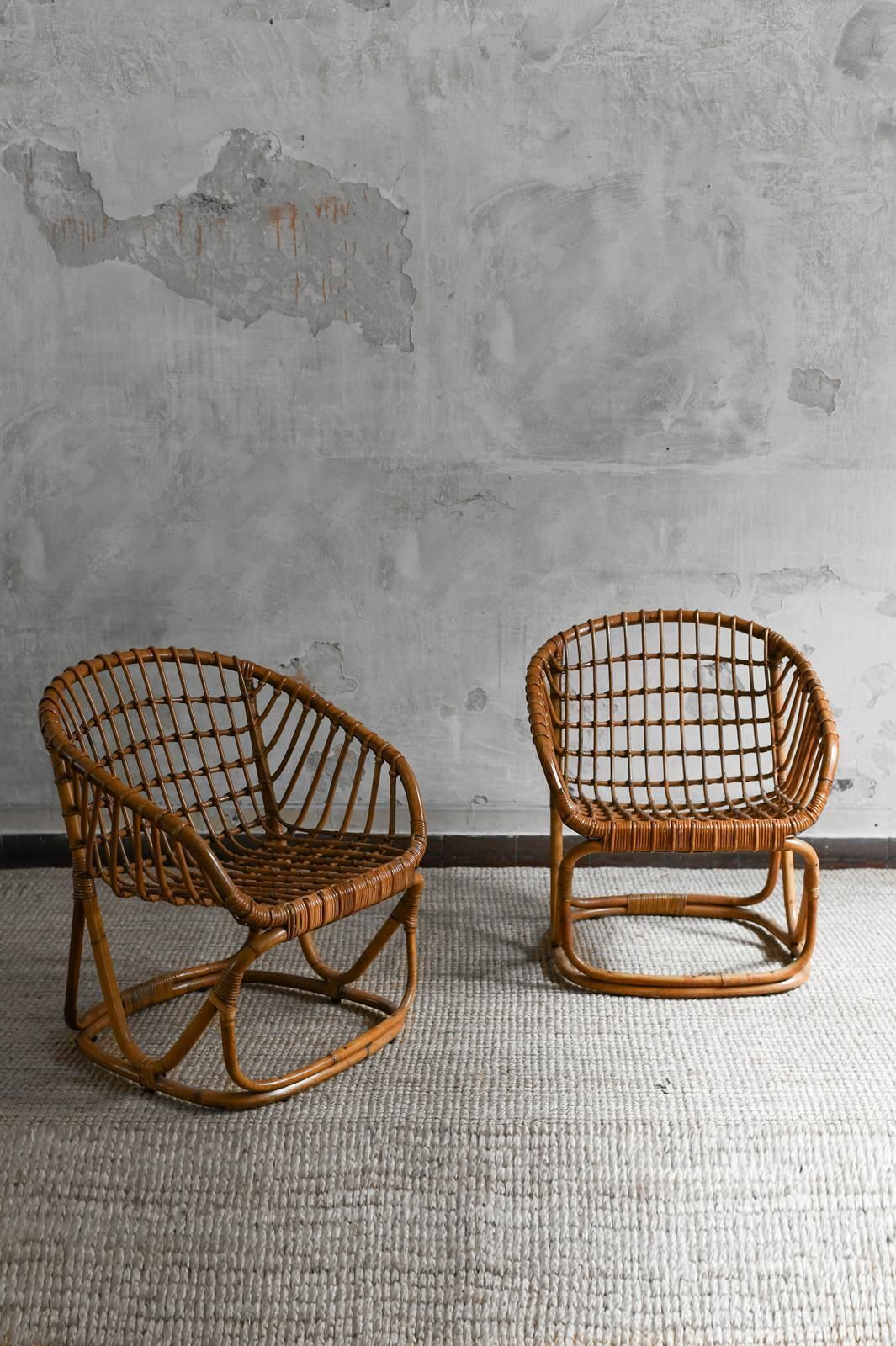 Set Of 4 Woven Bamboo Armchairs In The Style Of Tito Agnoli, 1970s photo for sale