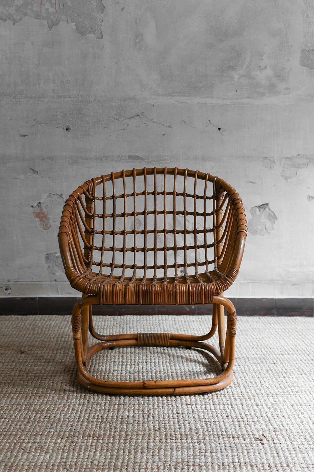 Set Of 4 Woven Bamboo Armchairs In The Style Of Tito Agnoli, 1970s photo vinterior
