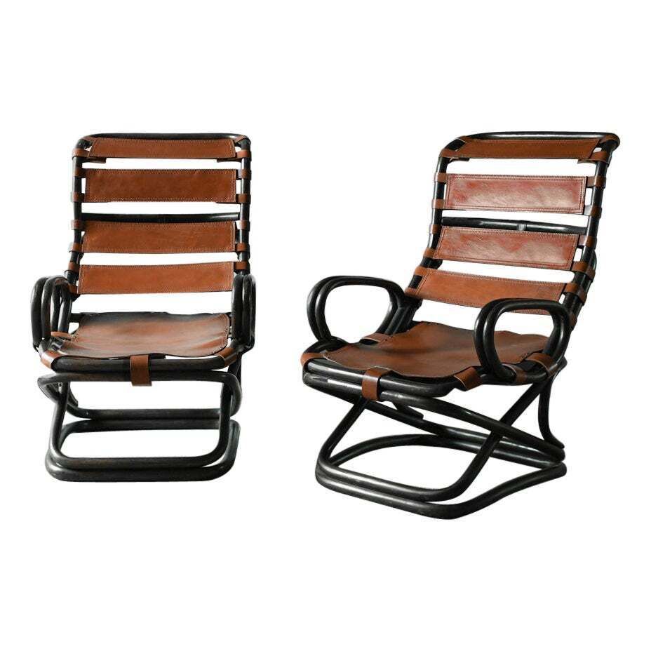 Pair Of Tito Agnoli Bamboo Armchairs With Leather Strap Seats, Italy 1960